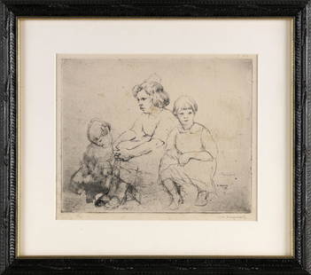 WILLIAM MEYEROWITZ (New York, 1887-1981), Sitting children., Etching, 8.5" x 10.5" sight. Framed 14": WILLIAM MEYEROWITZNew York, 1887-1981Sitting children. Signed in pencil lower right "Wm. Meyerowitz".Etching, 8.5" x 10.5" sight. Framed 14" x 16".