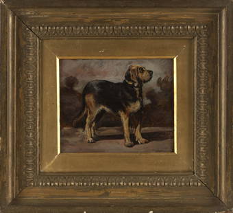 POSSIBLY JOHN SARGENT NOBLE (England, 1848-1896), Portrait of a hound., Oil on panel, 7.75" x 9.25".: POSSIBLY JOHN SARGENT NOBLEEngland, 1848-1896Portrait of a hound. Signed lower right "J.S. Noble".Oil on panel, 7.75" x 9.25". Framed 17.5" x 19".