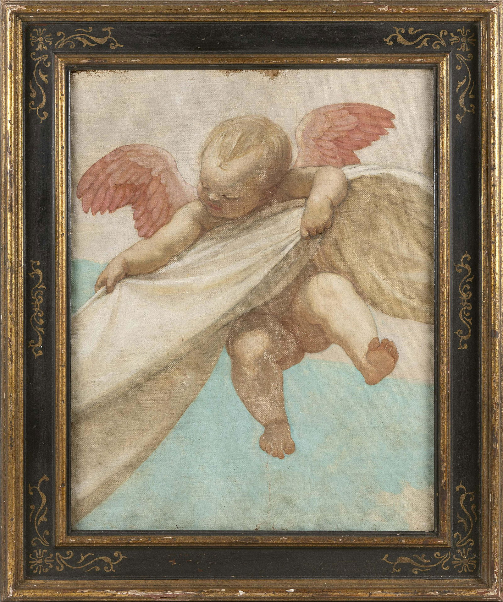 CONTINENTAL SCHOOL (18th Century,), Cupid grasping a sheet., Oil on canvas laid down on plywood, 28": CONTINENTAL SCHOOL18th CenturyCupid grasping a sheet. Unsigned.Oil on canvas laid down on plywood, 28" x 22". Framed 36" x 30".