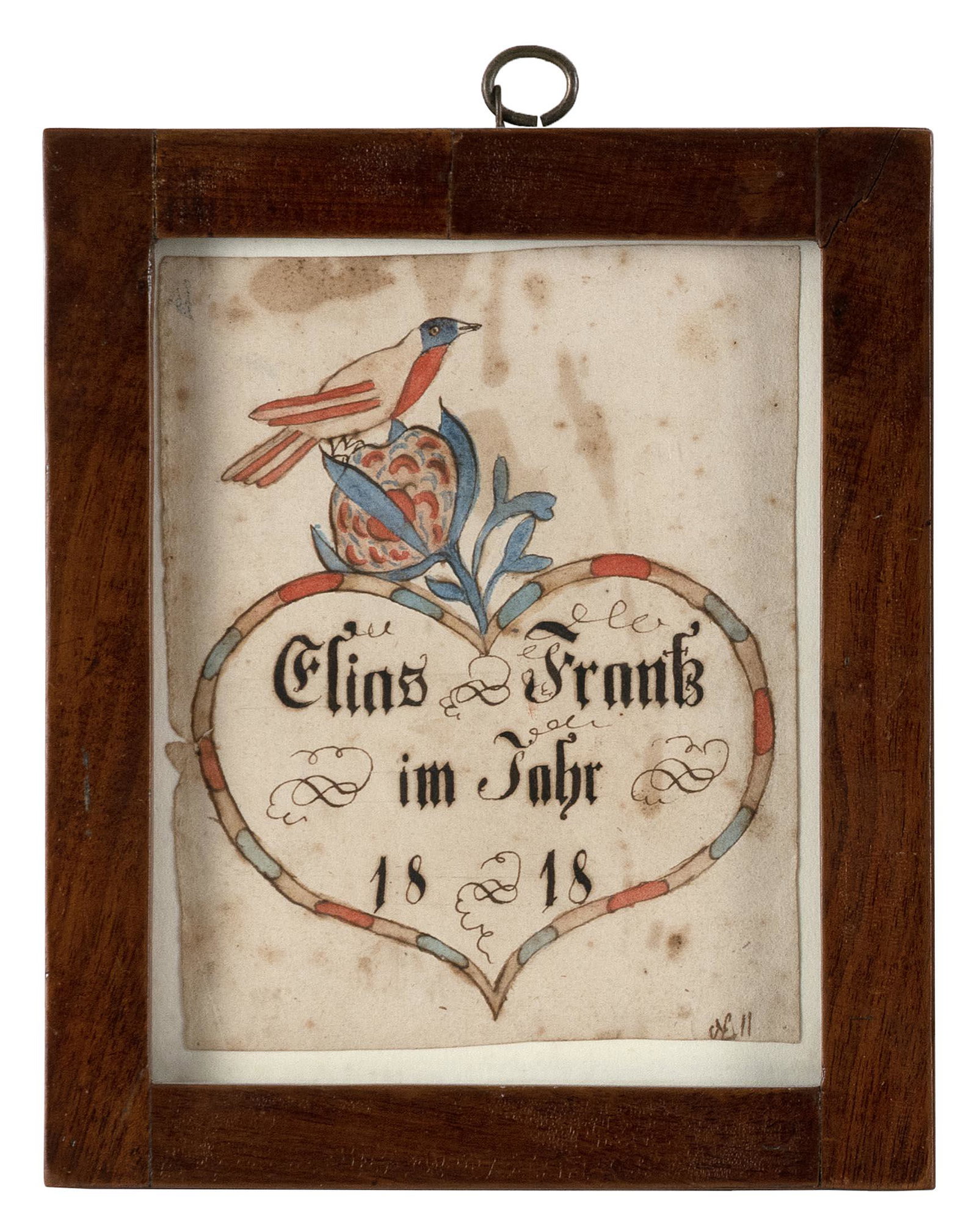FRAKTUR "ELIAS FRANK 1818” Pennsylvania, Dated 1818 Watercolor on paper, 5.5” x 4”: FRAKTUR "ELIAS FRANK 1818” Pennsylvania, Dated 1818 Bird on a flower around a heart frame with "Elias Frank in Jahr 1818". Watercolor on paper, 5.5” x 4”. Framed 7.5” x 6.25&rd
