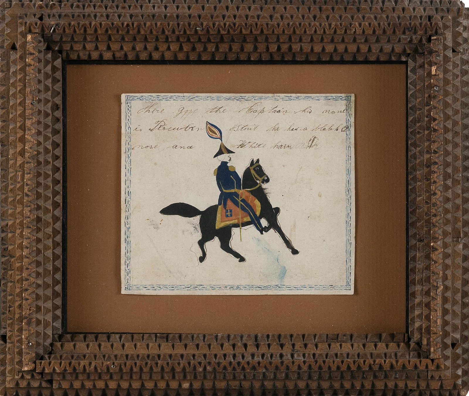 FRAKTUR PAINTING “CAPTAIN RUBEN STOUT ON HORSEBACK” Pennsylvania, 19th Century (1 of 2)