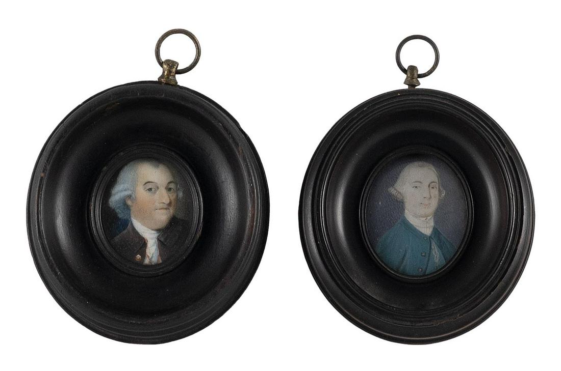 TWO MINIATURE PORTRAITS OF GENTLEMAN America or England, 18th Century Watercolors on ivory, (1 of 2)