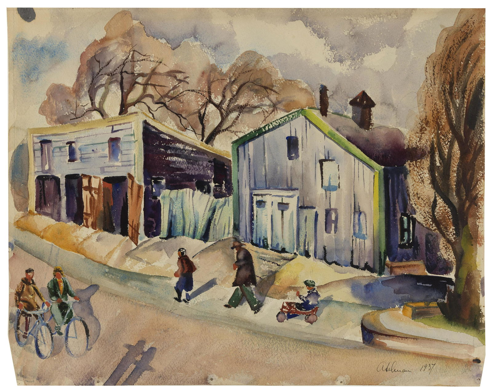 IDA YORK ABELMAN (New York, 1908-2002), Bronx street scene, 1937., Watercolor on thick wove paper, (1 of 1)