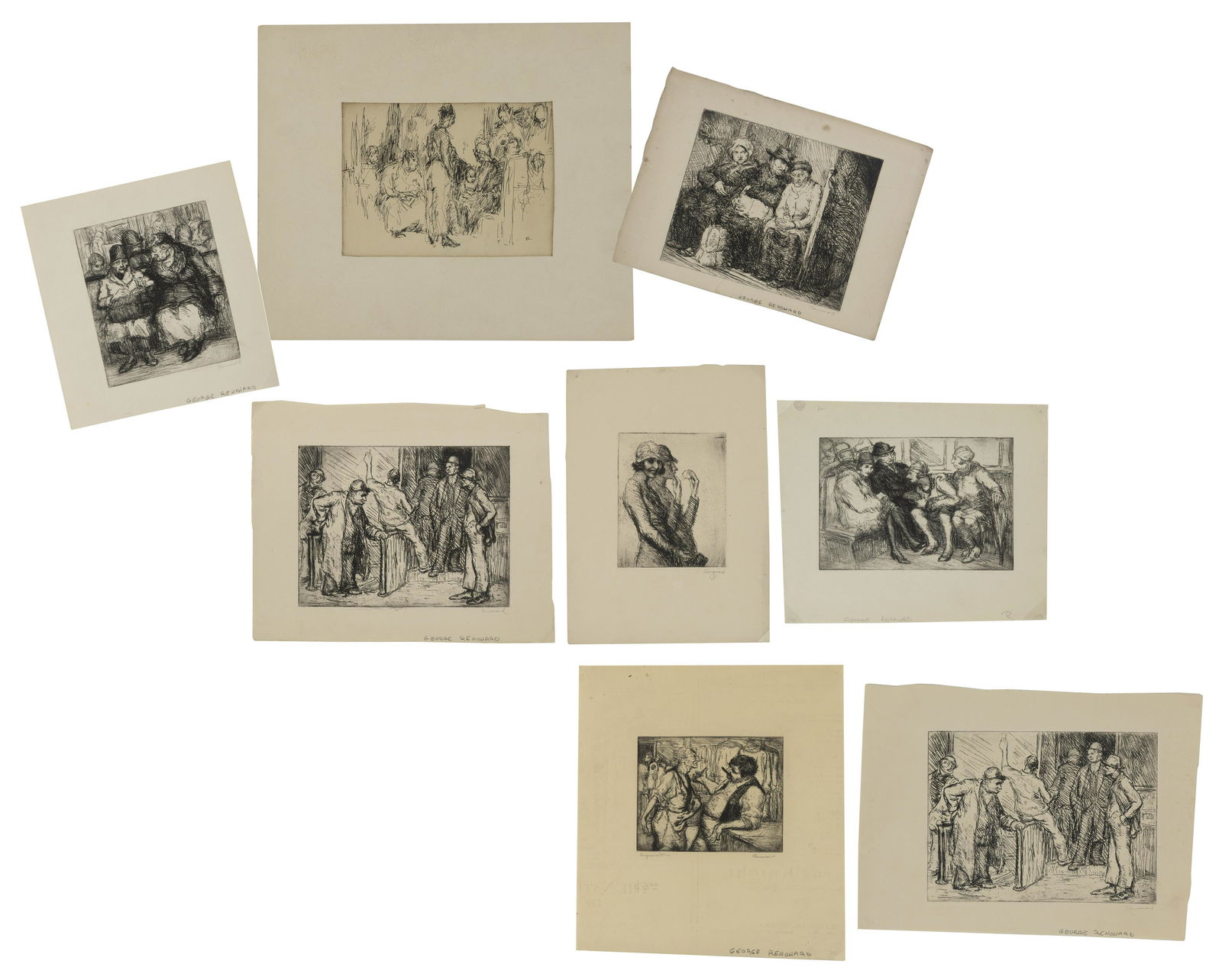 GEORGE RENOUARD (New York, 1885-1954), Pen and ink drawing with seven etchings depicting scenes of (1 of 4)