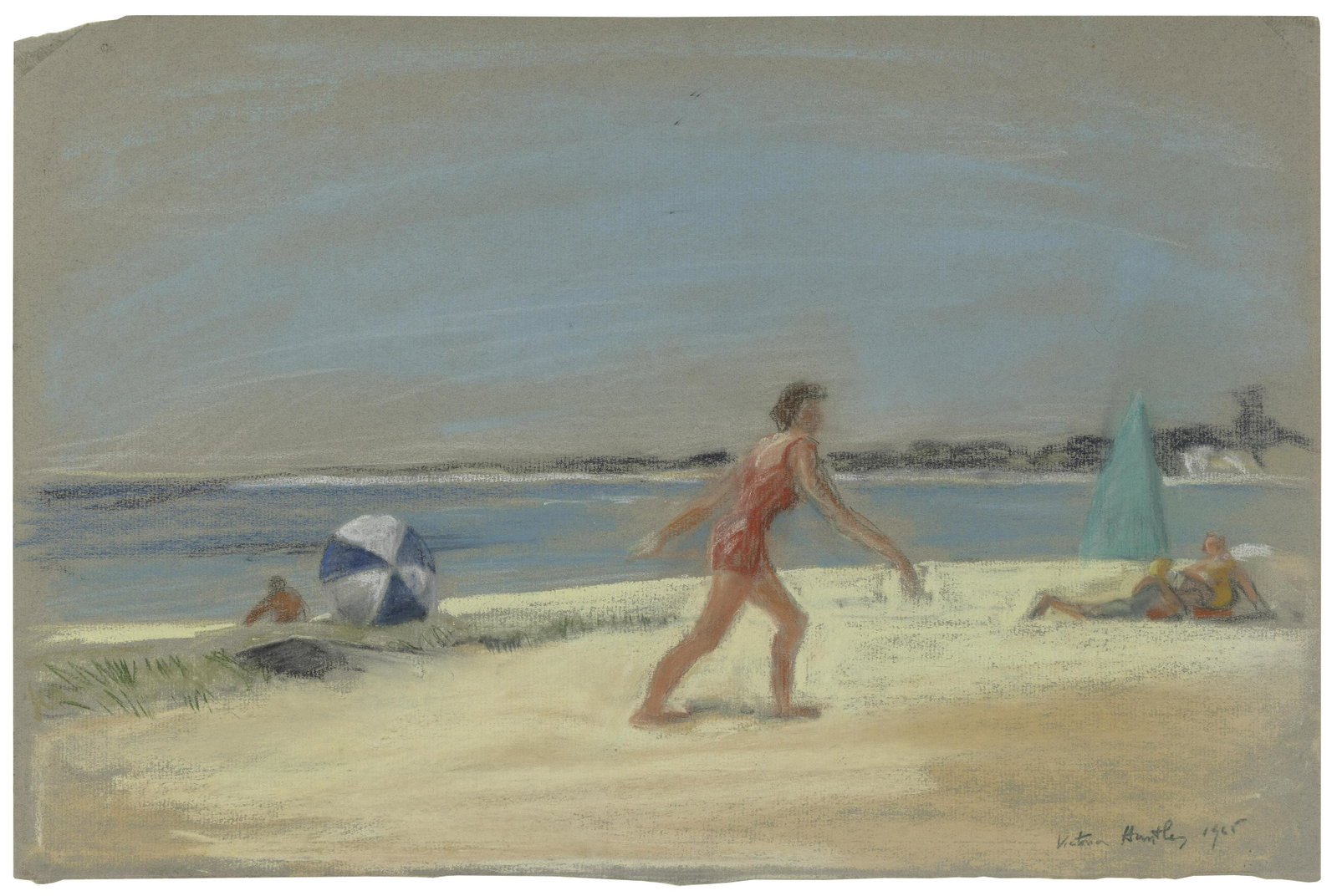 VICTORIA EBBELS HUTSON HUNTLEY (New York/Connecticut/New Jersey, 1900-1971), “On the: VICTORIA EBBELS HUTSON HUNTLEY New York/Connecticut/New Jersey, 1900-1971 “On the Beach”, 1965. Signed and dated lower right “Victoria Huntley 1965”. Pastels on grayish laid pa