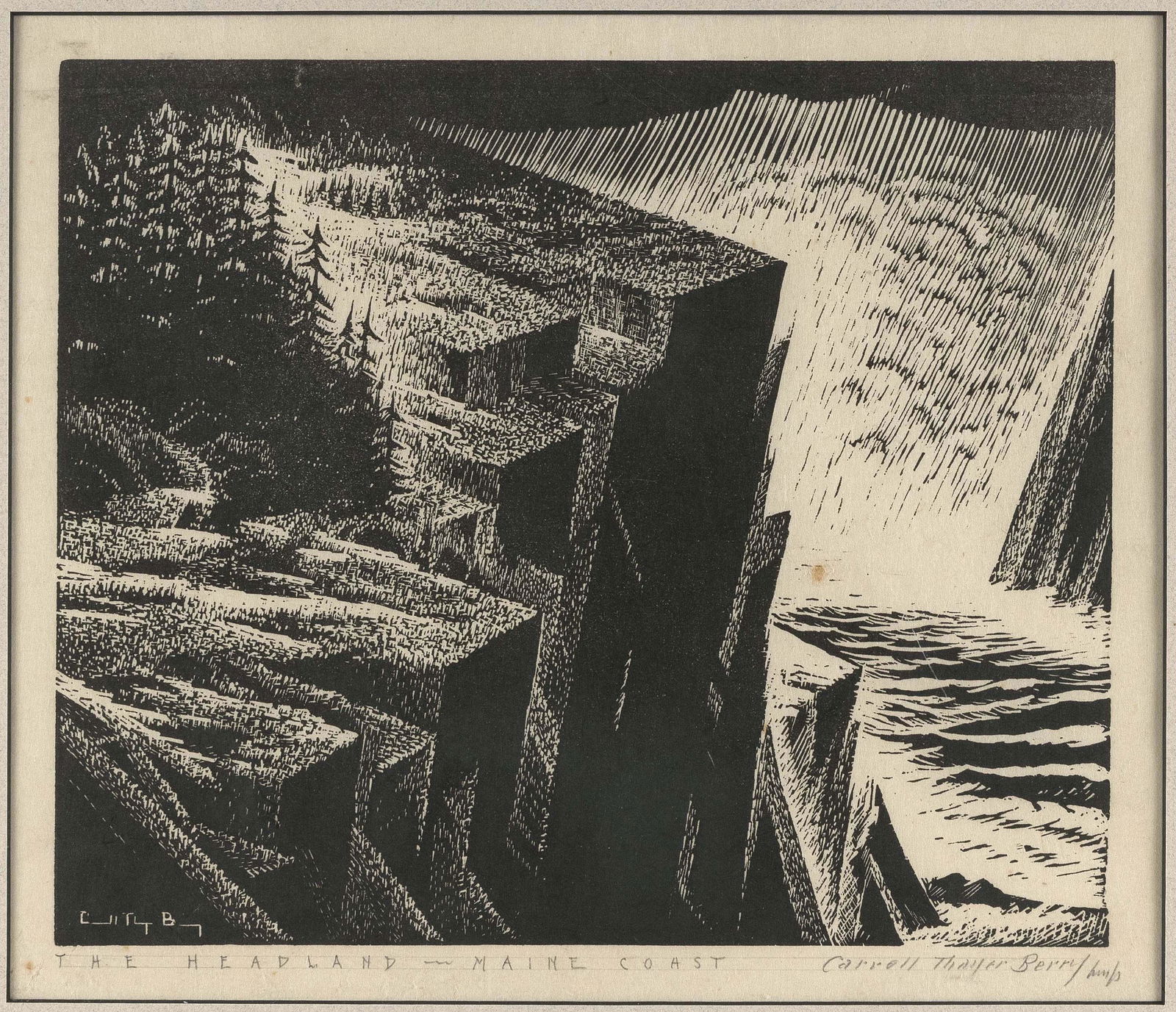 CAROLL THAYER BERRY (Maine, 1886-1978), "The Headland -- Maine Coast"., Woodcut on fibrous paper, (1 of 3)
