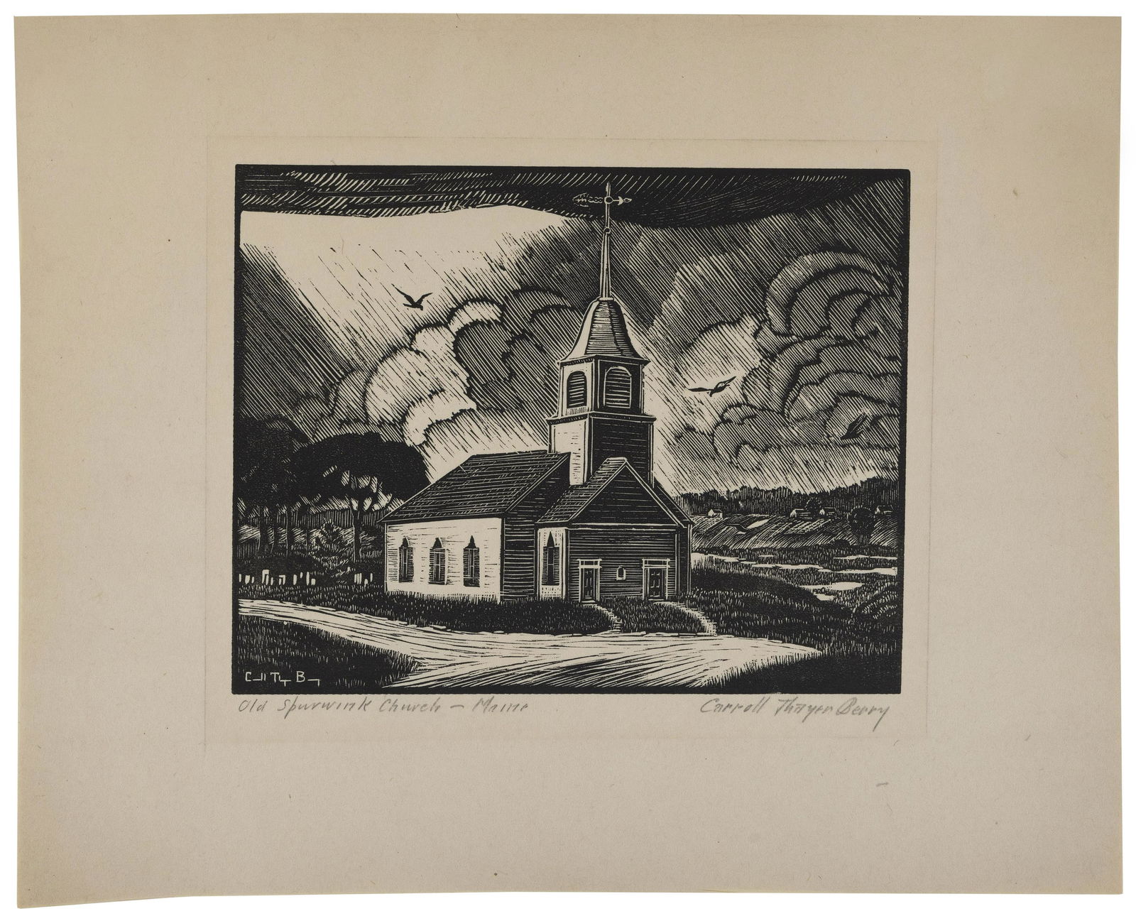 CARROLL THAYER BERRY (Maine, 1886-1978), "Old Spurwink Church - Maine"., Woodcut, 8.5" x 10.5". (1 of 1)