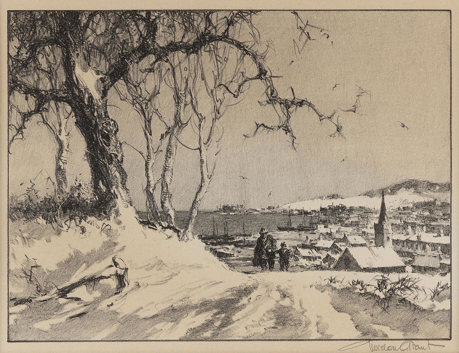 GORDON HOPE GRANT (New York/California/United Kingdom, 1875-1962), "Winter Harbor"., Lithograph on (1 of 3)