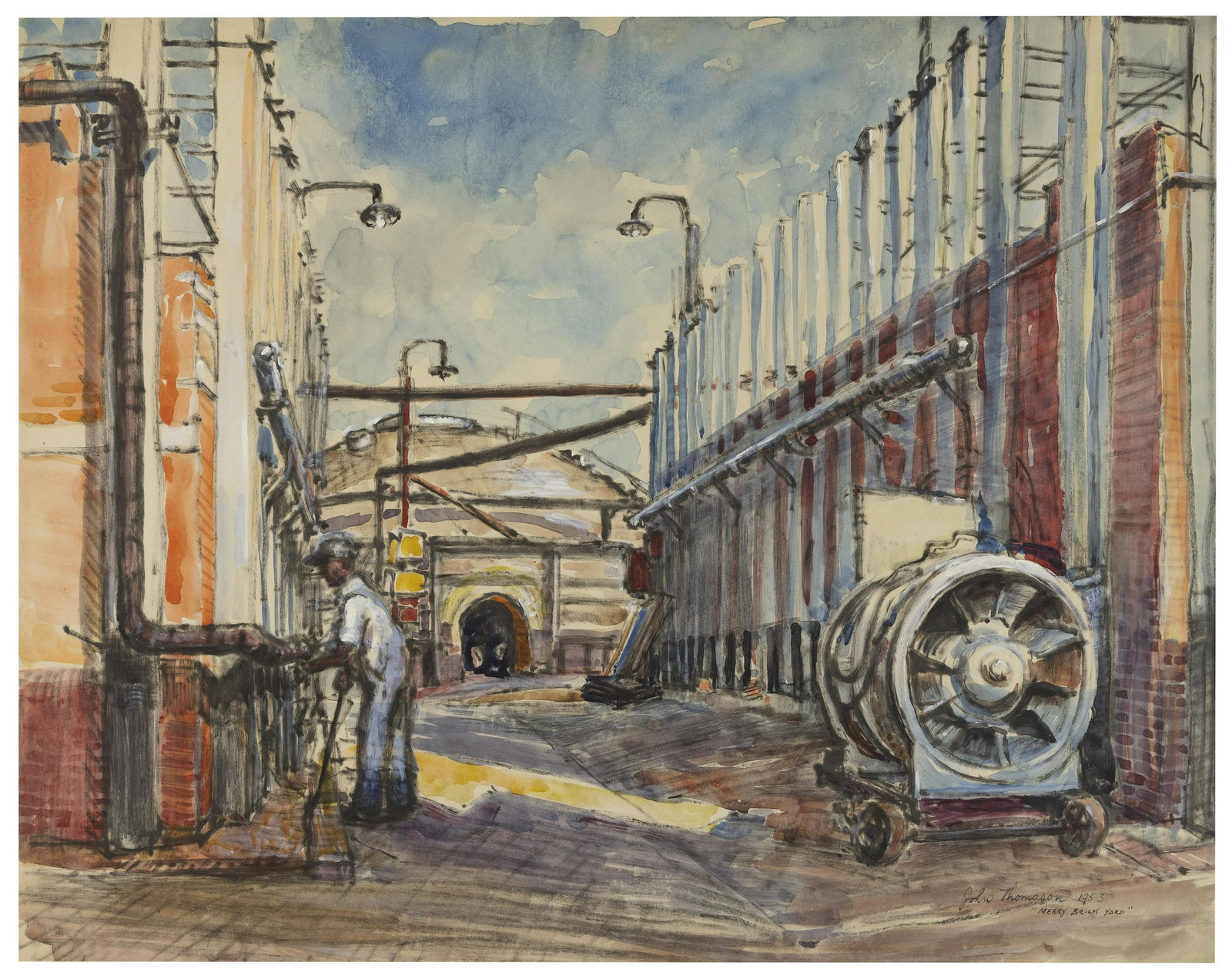 JOHN THOMASON (New York, 1903-1985), "Merry Brick Yard", 1953., Mixed media on paper, 19" x 24".: JOHN THOMASON New York, 1903-1985 "Merry Brick Yard", 1953. Signed "John Thomason", dated and titled lower right. Mixed media on paper, 19" x 24". Unframed.