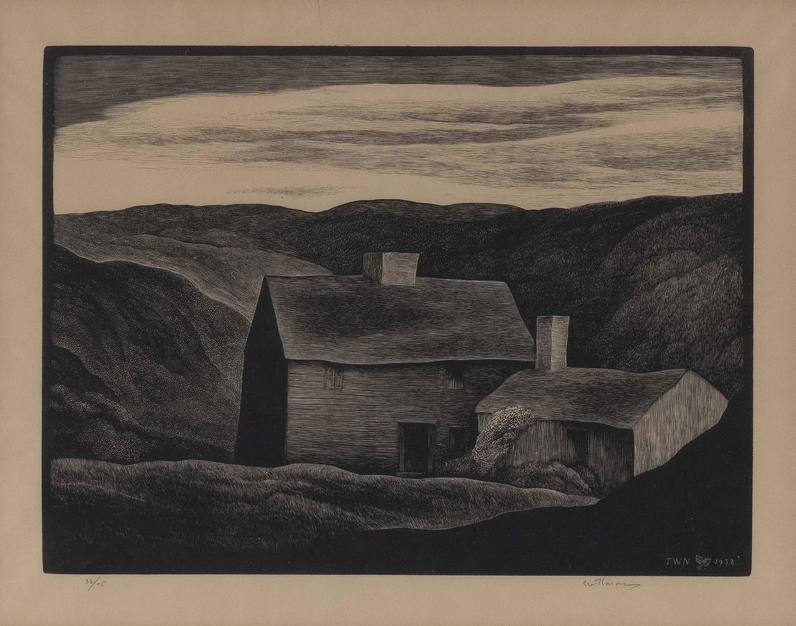 THOMAS WILLOUGHBY NASON (Connecticut/Massachusetts, 1889-1971), Barn, 1932., Woodcut, 8” x (1 of 3)