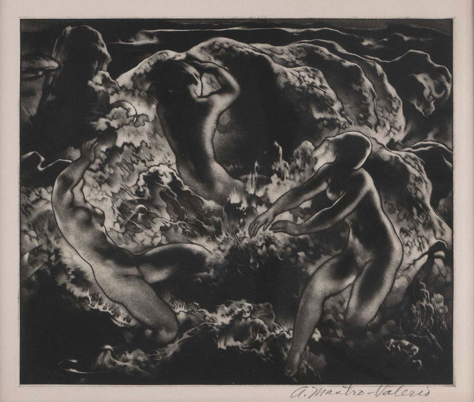 ALESSANDRO MASTRO-VALERIO (Michigan/Illinois/Italy, 1887-1953), "Day and Night", 1950., Mezzotint, (1 of 3)
