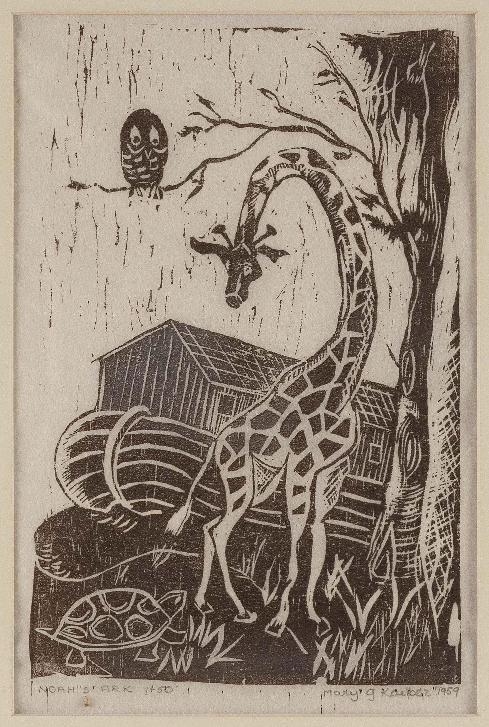 MARY G. KAELBER (20th Century,), “Noah’s Ark”, 1959., Woodcut printed in brown, (1 of 3)