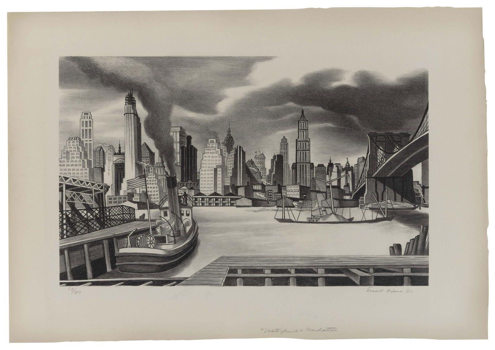 ERNEST FIENE (New York/Germany, 1894-1965), “Waterfront, Manhattan”, 1931., Lithograph,: ERNEST FIENENew York/Germany, 1894-1965â€œWaterfront, Manhattan”, 1931. Signed, dated and numbered 39/100 in pencil lower margin.Lithograph, 11" x 17.75". Matted 18" x 24".