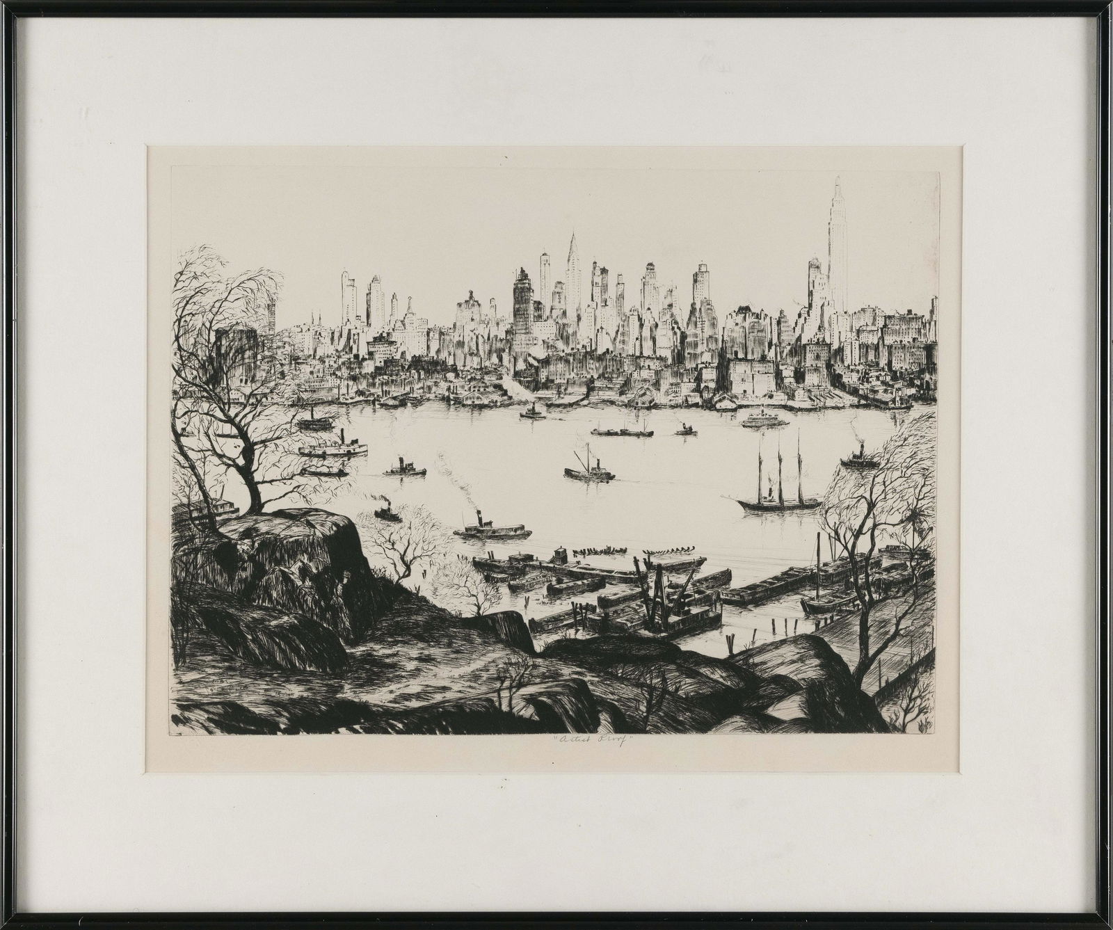 MAX KEUHNE (New York/Germany, 1880-1968), View of Manhattan from New Jersey., Etching, 10” x (1 of 2)