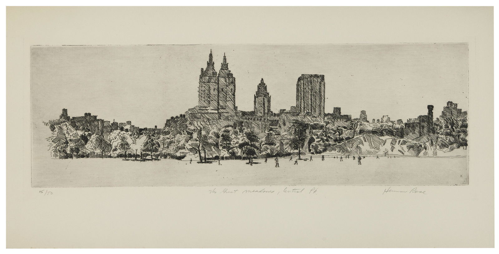 HERMAN ROSE (New York, 1909-2007), "The Great Meadow, Central Park"., Etching, 5.75" x 17.75". (1 of 1)