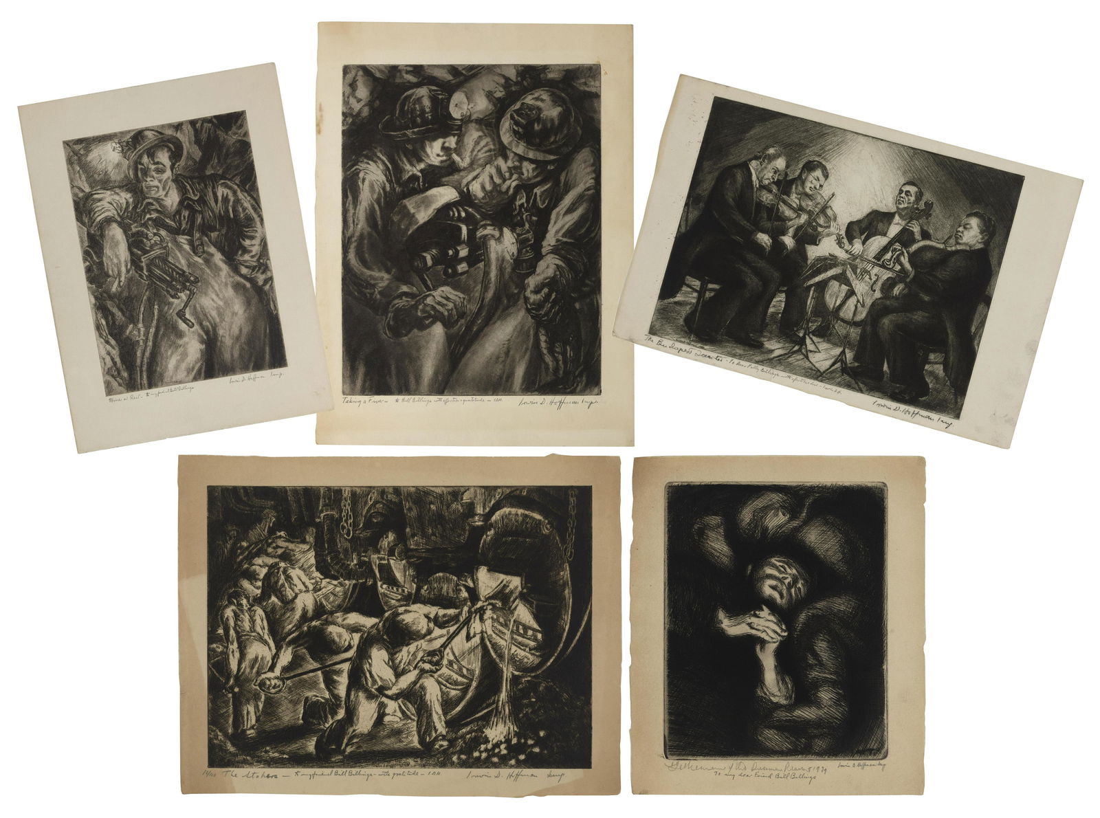 IRWIN D. HOFFMAN (New York/Massachusetts, 1901-1989), Five etchings:, Sheet sizes from 9.75" x 8.5": IRWIN D. HOFFMANNew York/Massachusetts, 1901-1989Five etchings: "The Stokers", "Taking a Fiver", "Minor at Rest", "The Budapest Quartet" and "Gethsemane of
