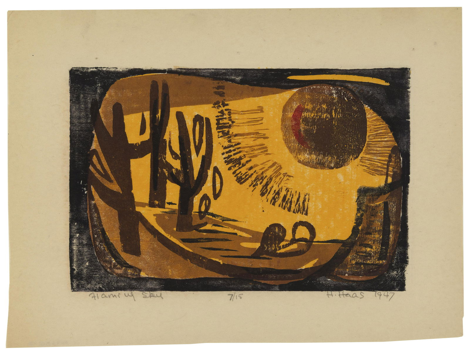 HILDEGARDE HAAS (New York/California/Germany, 1926-2002), "Flaming Sky", 1947., Color woodcut on (1 of 1)