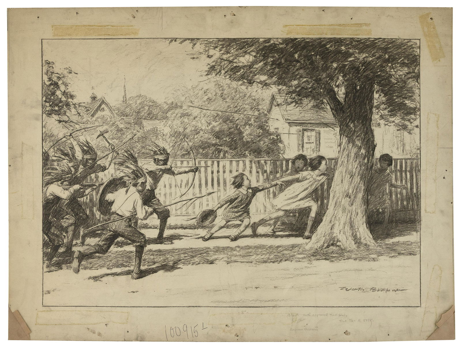 AMERICAN SCHOOL (First Half of the 20th Century,), Children playing Indian war games, circa 1920., (1 of 1)