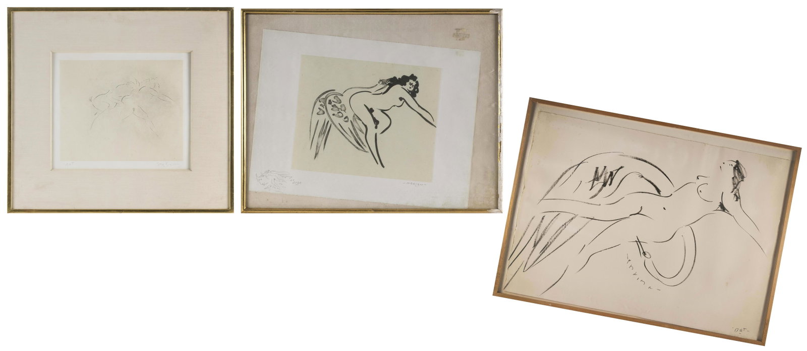 REUBEN NAKIAN (New York/Connecticut, 1897-1986), Three works, "But", "Bat", and seated nude., Ink on: REUBEN NAKIAN New York/Connecticut, 1897-1986 Three works, "But", "Bat", and seated nude. Signed lower center "Nakian". Two inks on paper, one etching. Ink on paper, the 