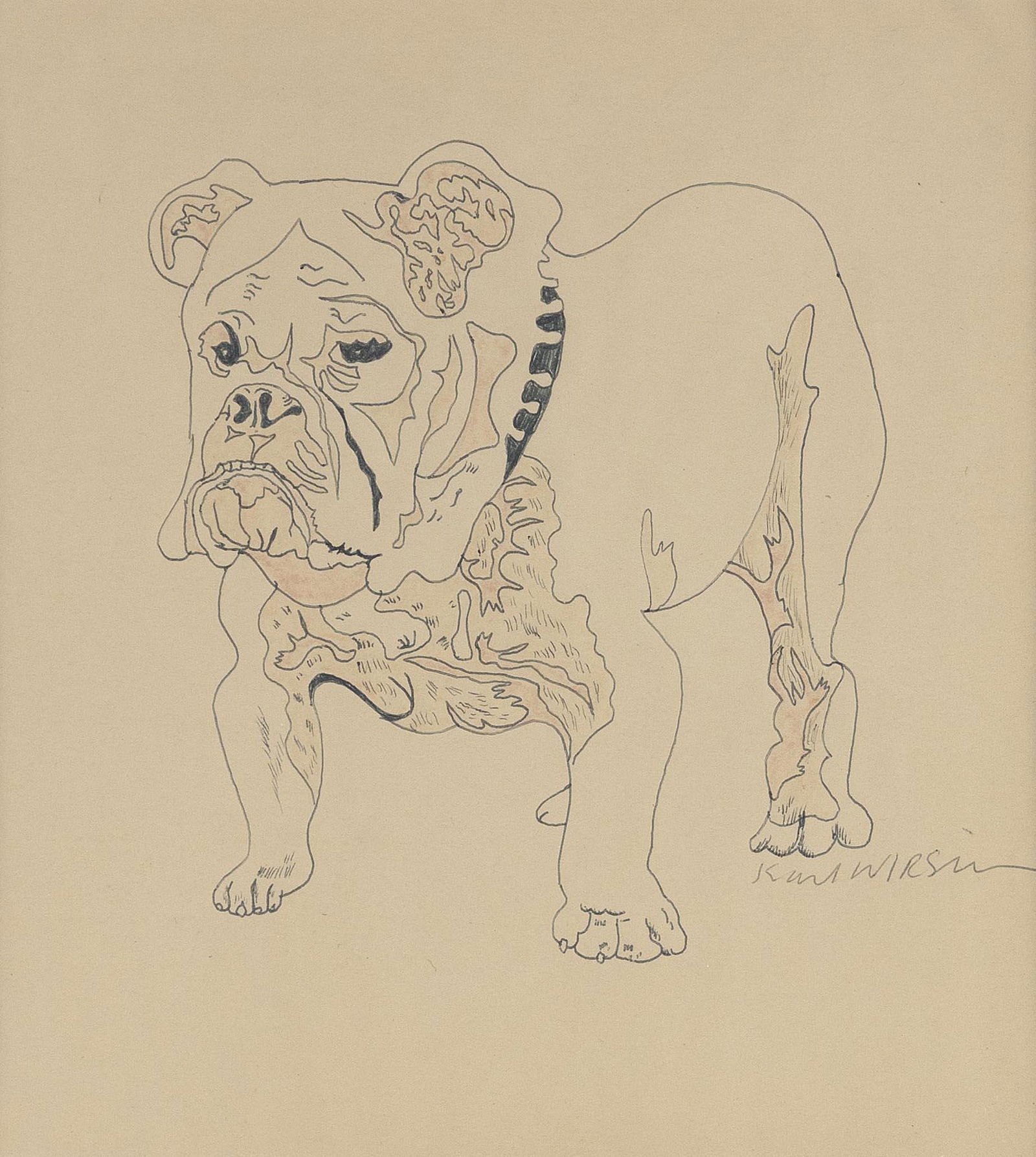 KARL AUGUST WIRSUM (Illinois/California, 1939-2021), Standing bulldog., Pen and ink and watercolor (1 of 3)
