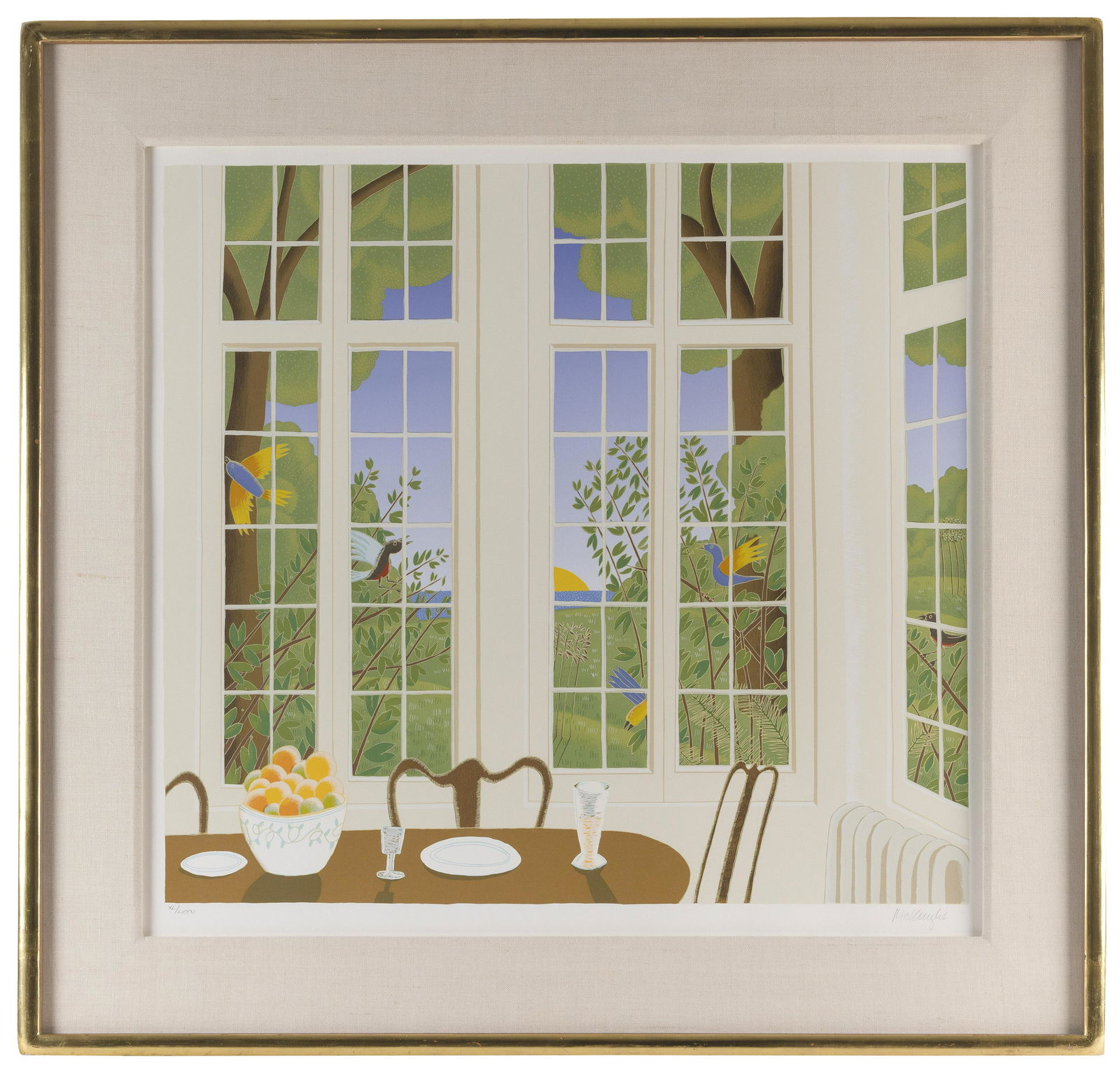 THOMAS MCKNIGHT (Connecticut/New York/Kansas, 1941-), Interior view with birds., Serigraph, 26” (1 of 2)