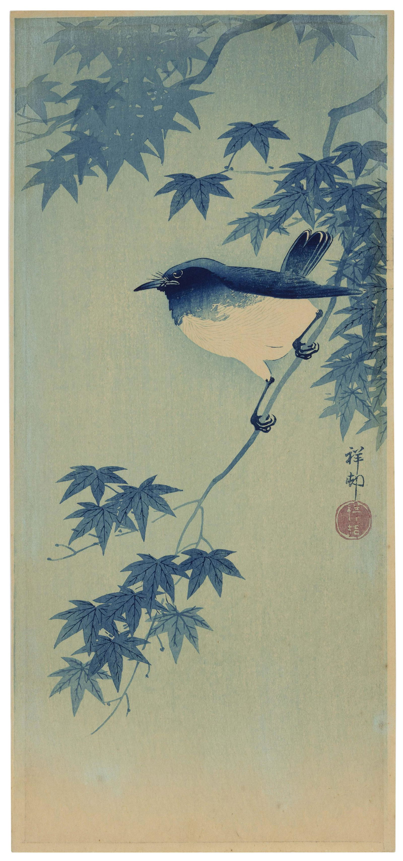 OHARA KOSON (Japan, 1877-1945), Songbird on a maple., Woodblock print, o-tanzaku aizuri-e, 14.5î (1 of 1)