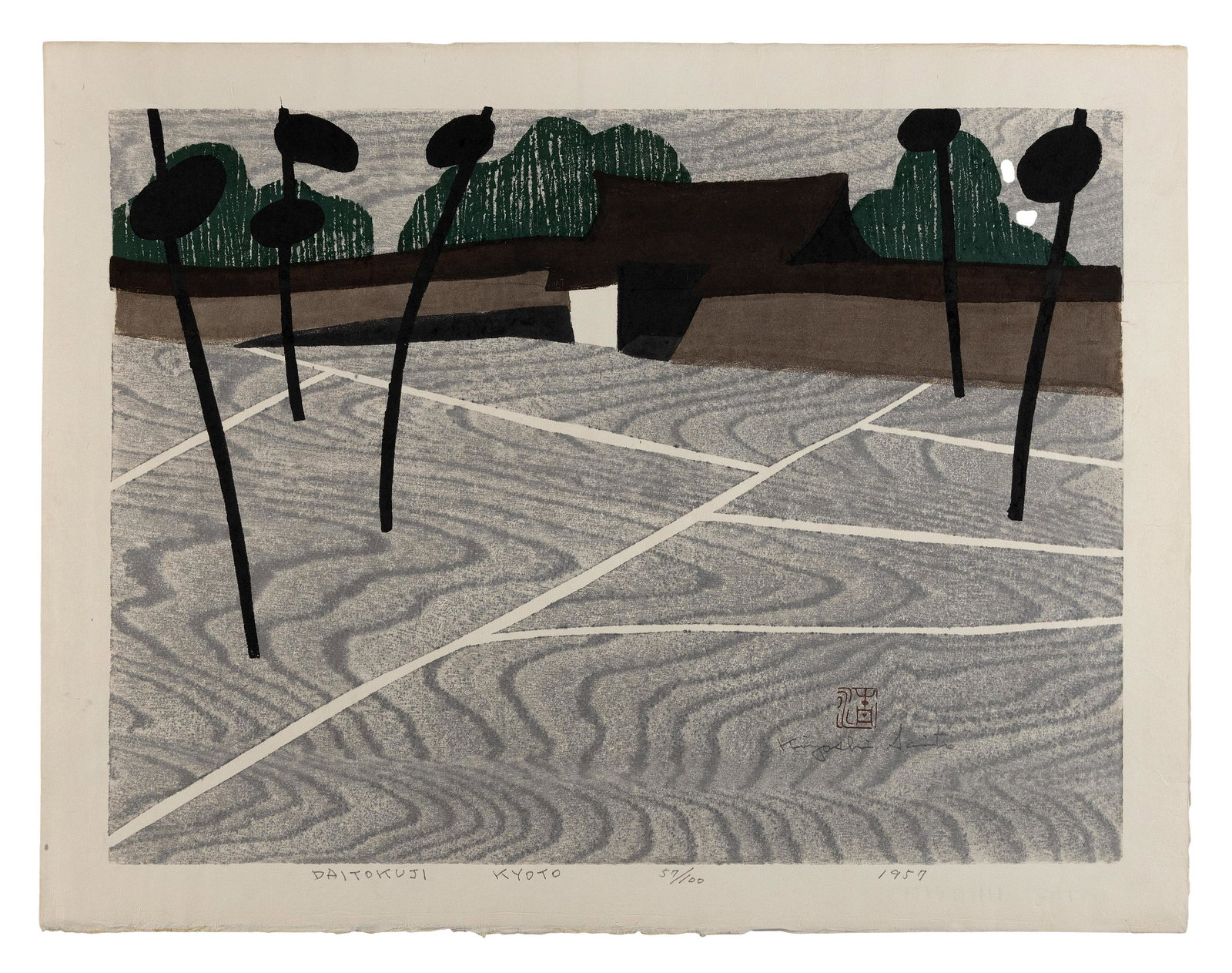 KIYOSHI SAITO (Japan, 1907-1997), Daitokuji, Kyoto., Woodblock print, dai oban yoko-e, 17.5î x: KIYOSHI SAITOJapan, 1907-1997Daitokuji, Kyoto. Signed in image lower right under seal. Dated 1957. Numbered 57/100. With self-carved, self-printed label from backing (removed).Woodblock print, dai oba