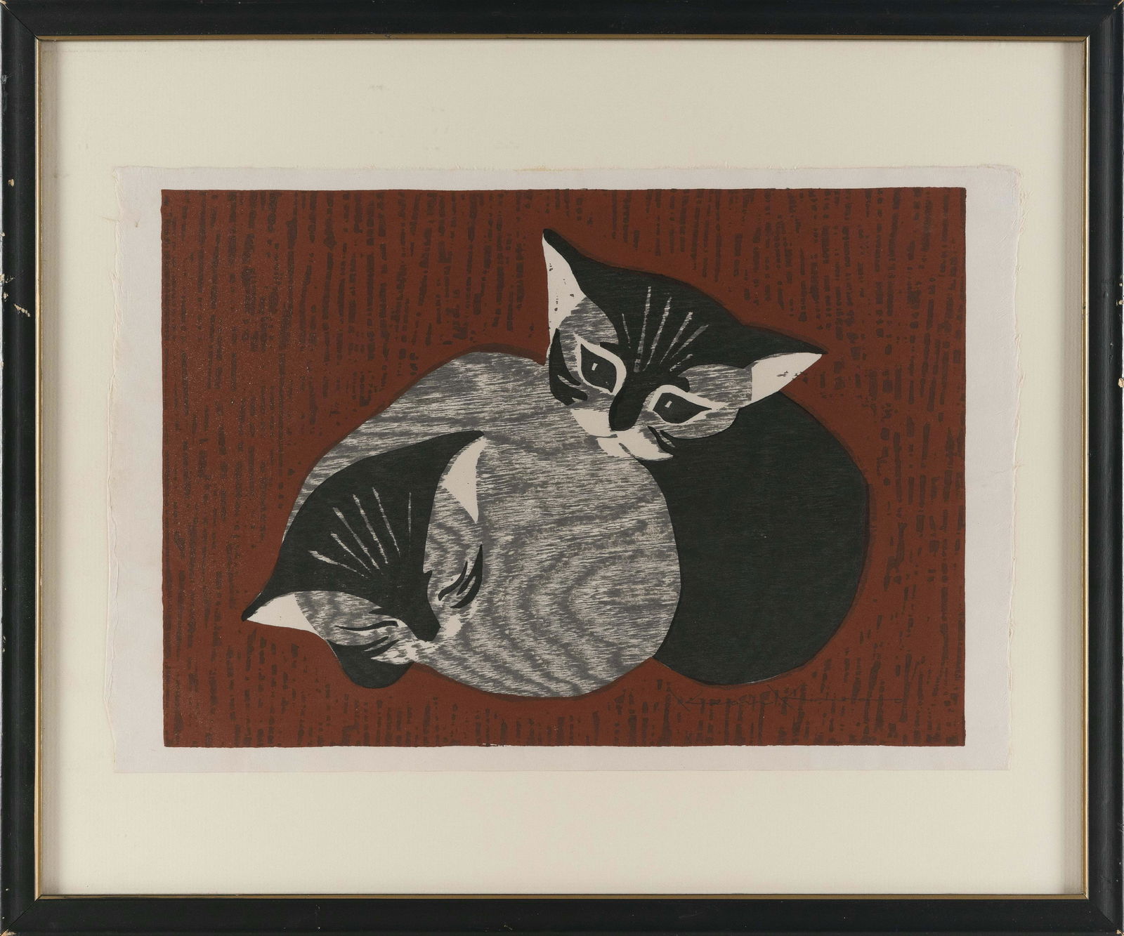 KAORU KAWANO (Japan, 1916-1965), ìTwo Kittensî., Woodblock print, oban yoko-e, 11" x (1 of 2)