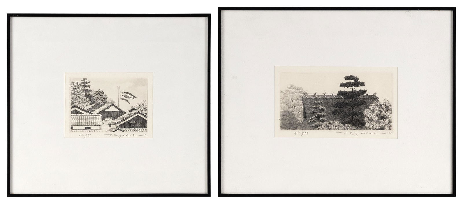 TANAKA RYOHEI (Japan, 1933-2019), Two etchings of rooftops., 3.75" x 6.75" and 3.5" x 4.75" sights. (1 of 2)