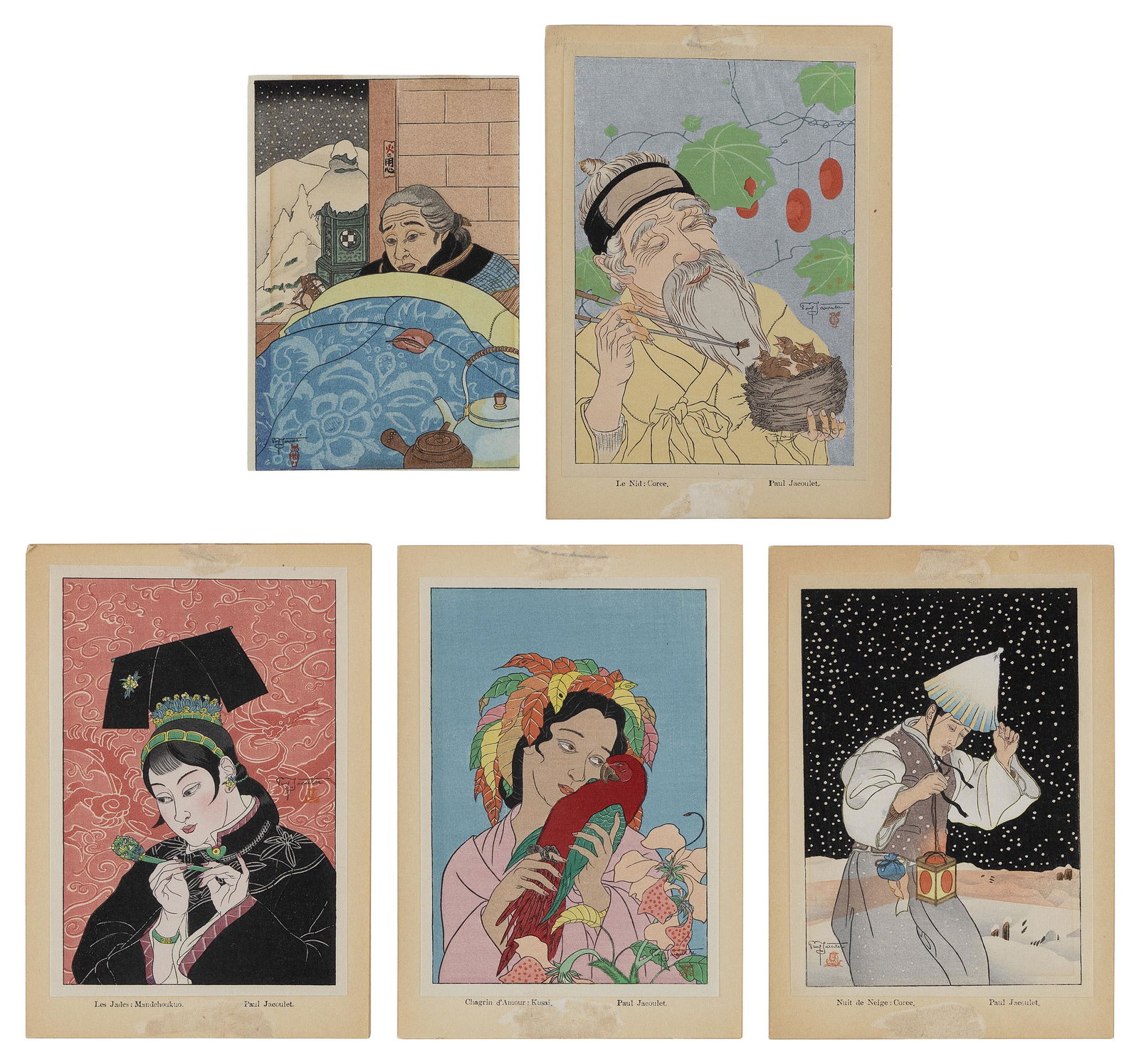 PAUL JACOULET (Japan/France, 1902-1960), Five assorted Christmas cards., Surimono, 6.25î x (1 of 2)