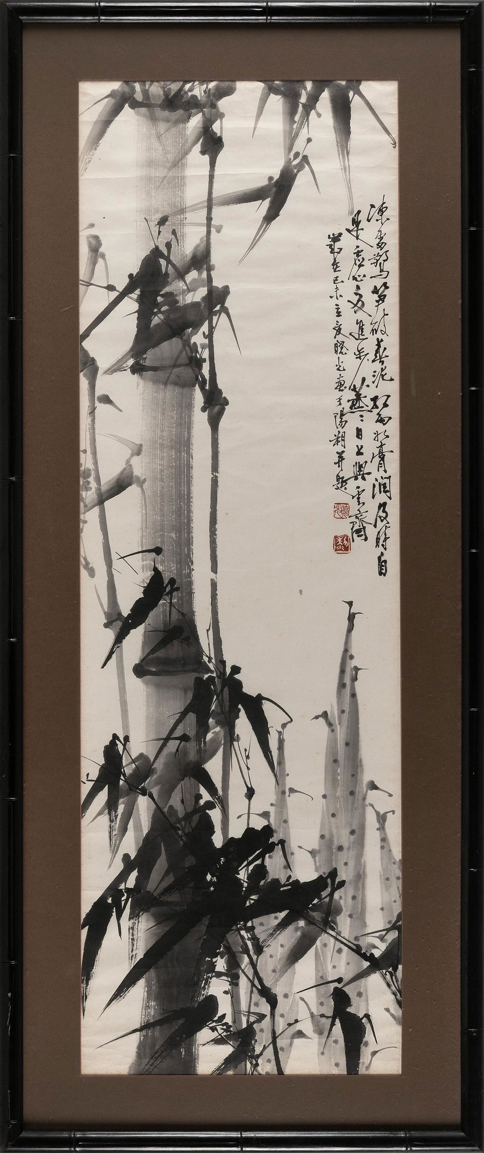 JAPANESE SUMI-E SCROLL PAINTING Meiji Period Ink on paper, 41" x 13" sight. Framed 48" x 20". (1 of 2)