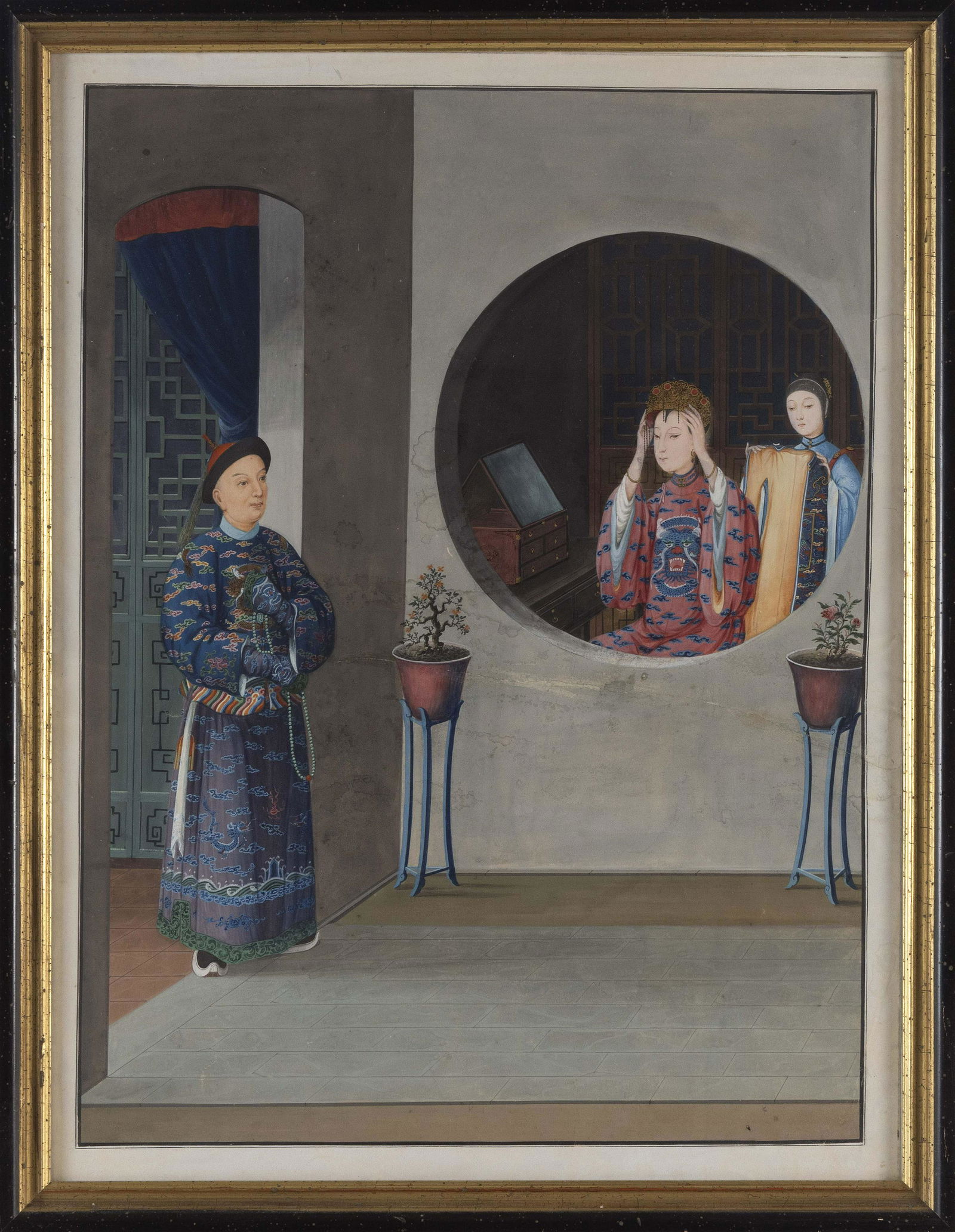 CHINESE PAINTING OF AN INTERIOR SCENE 19th Century Watercolor and gouache on paper, 19.5î x (1 of 2)