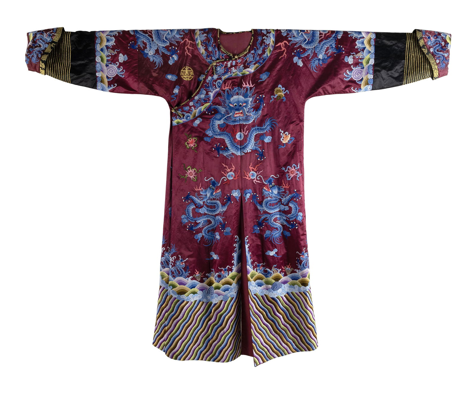 CHINESE SILK NEEDLEWORK DRAGON ROBE 20th Century Height 56î. Length across sleeves 68î. (1 of 4)