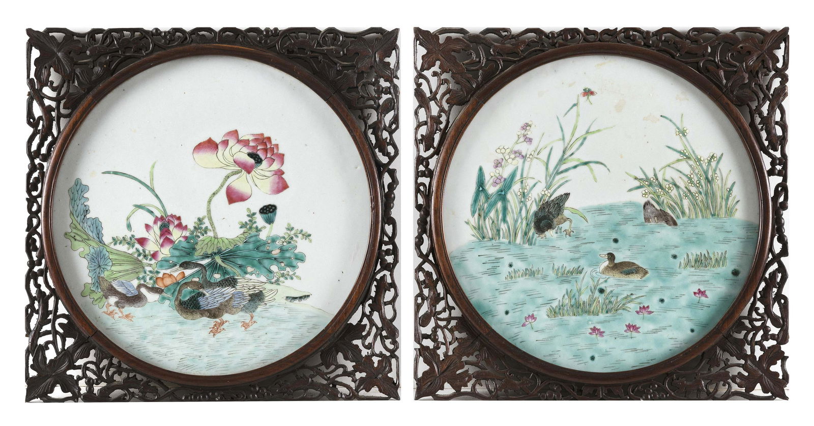 PAIR OF CHINESE FAMILLE ROSE PORCELAIN PAINTED TILES Late 19th Century Diameters of plaques 10.5". (1 of 8)