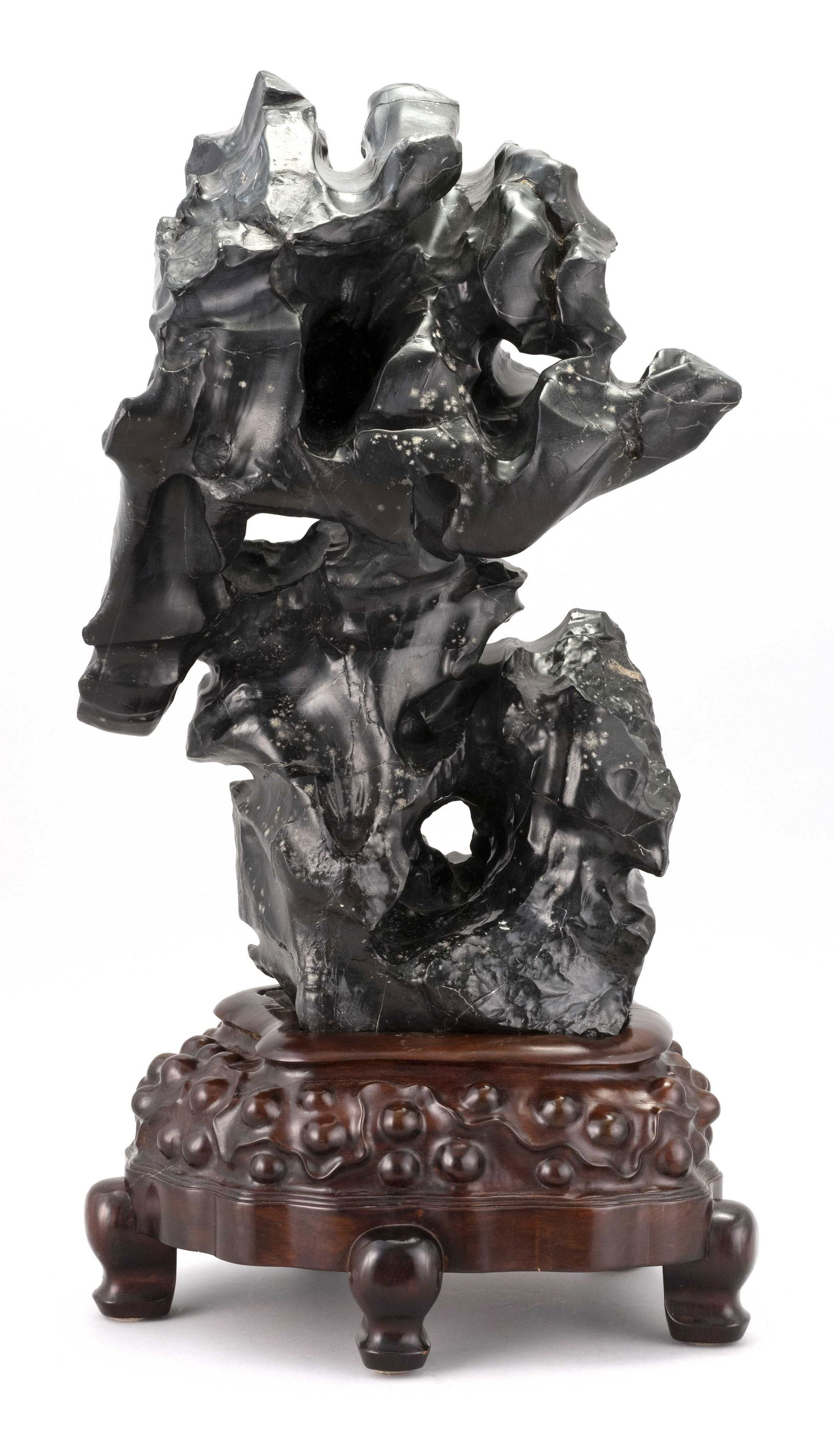 CHINESE BLACK LINGBI SCHOLAR'S ROCK Height 22". Width 15". Stand height 7.5". Width 15". (1 of 10)