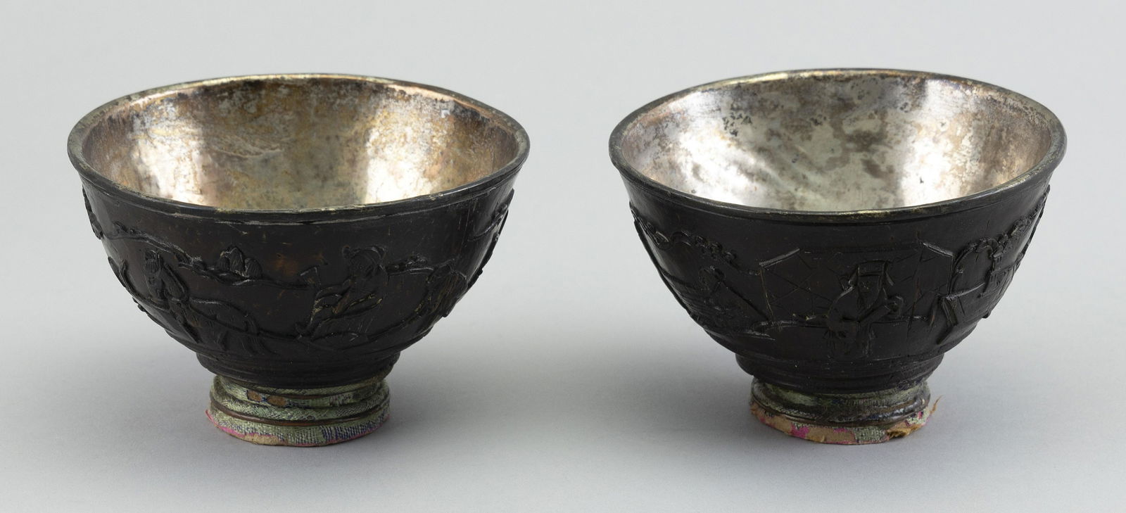 PAIR OF CHINESE COCONUT SHELL AND SILVER FOOTED BOWLS 19th Century Height 2.5". Diameter 3.75". (1 of 3)