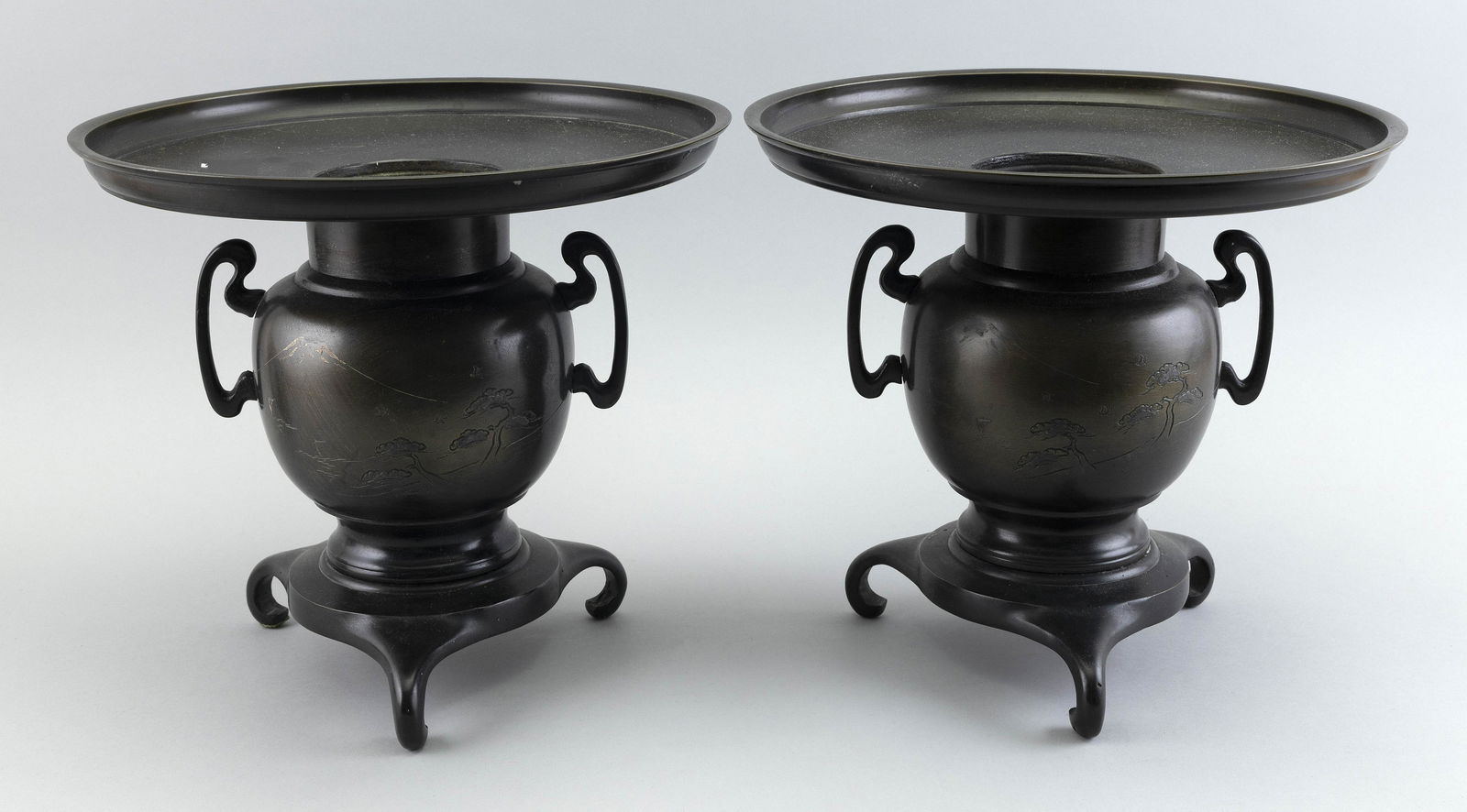 PAIR OF JAPANESE BRONZE TWO-PART UTABATA IKEBANA VASES Late Meiji Period Heights 11". Diameters at (1 of 2)