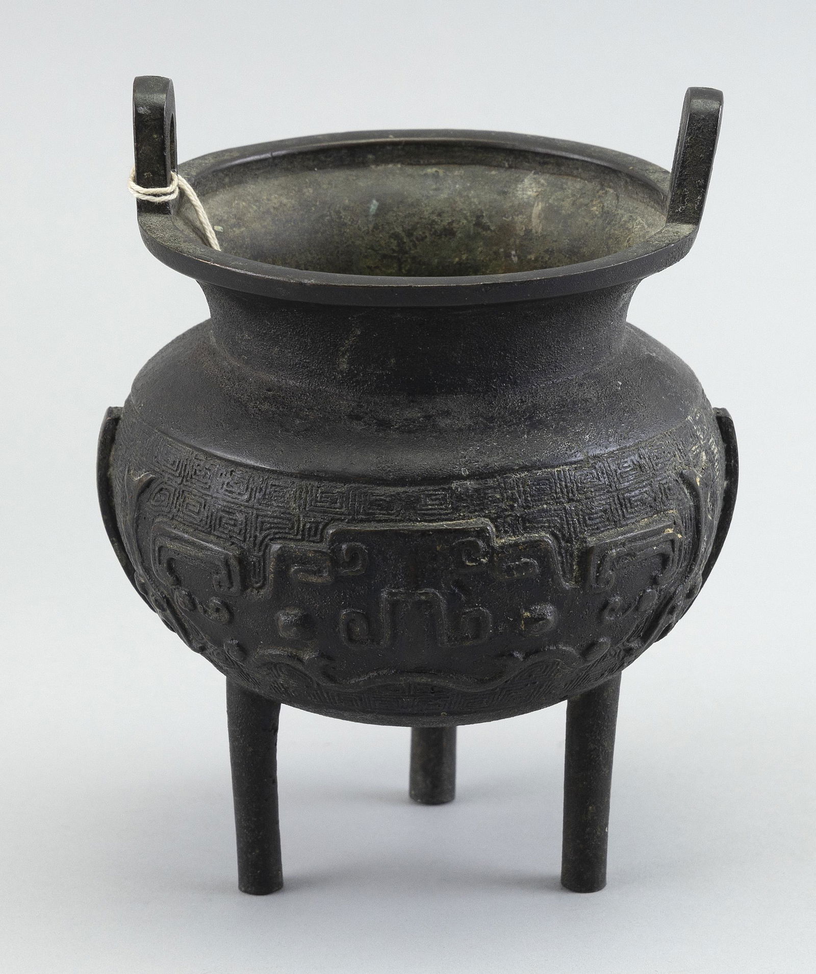 CHINESE BRONZE DING 18th Century Height 6". Length across handles 4". (1 of 2)