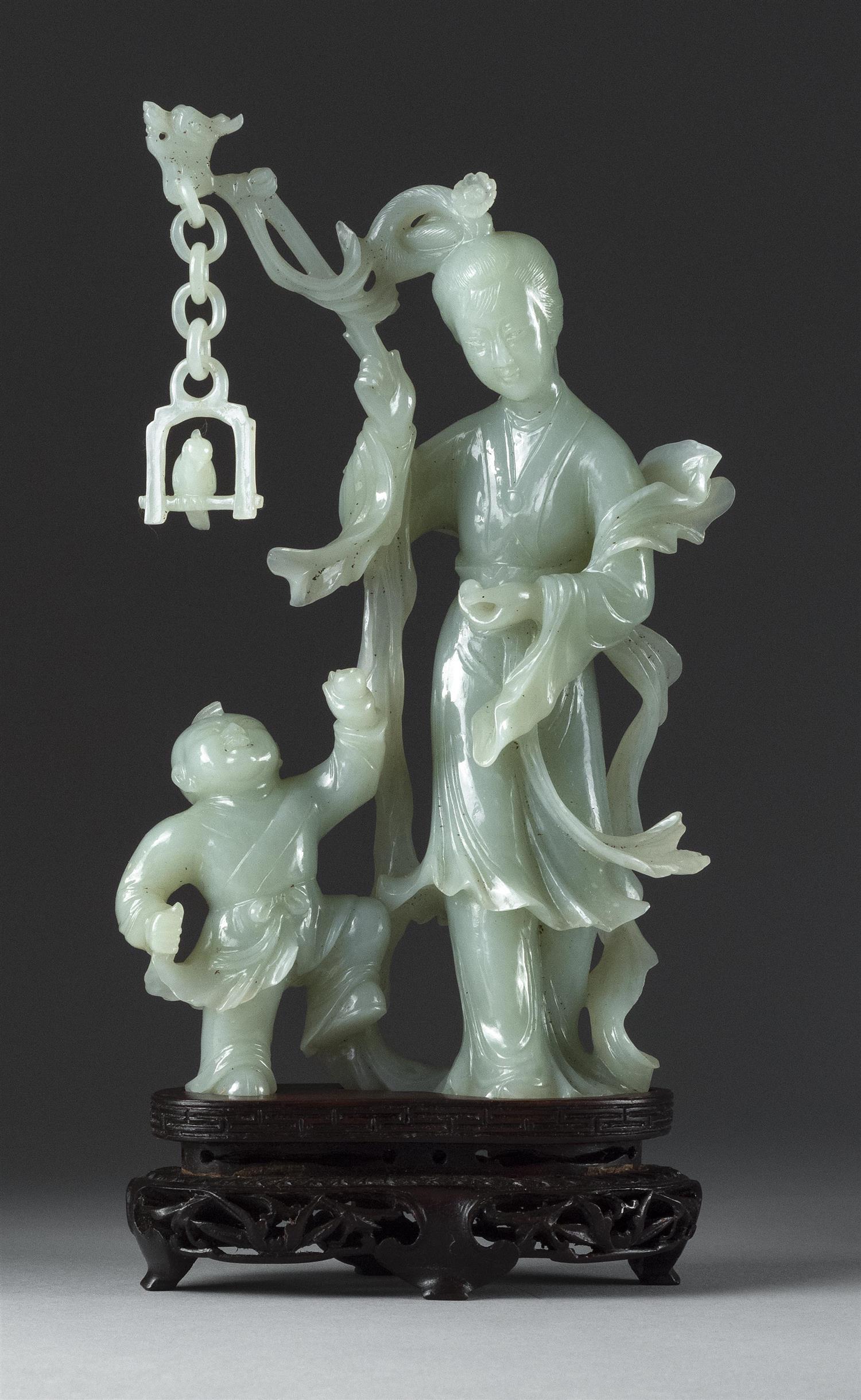 CHINESE CELADON JADE FIGURE GROUP Height 7.25". (1 of 20)