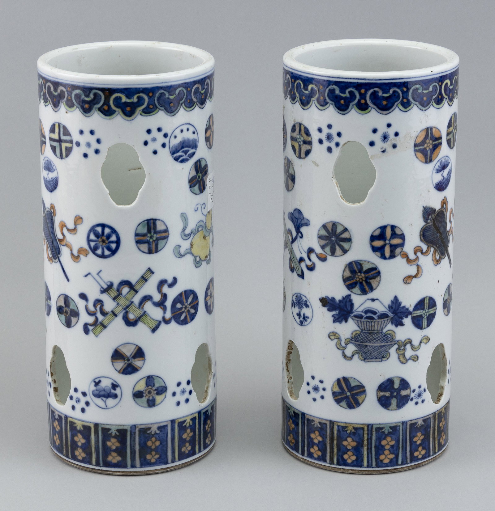 PAIR OF CHINESE POLYCHROME PORCELAIN HAT STANDS Late 19th/Early 20th Century Heights 11". Diameters (1 of 5)