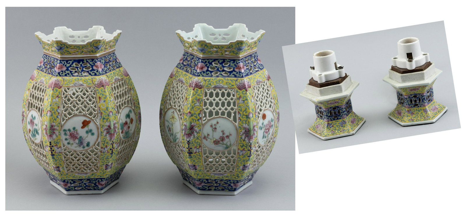 PAIR OF CHINESE FAMILLE ROSE PORCELAIN MARRIAGE LAMPS Late 19th/Early 20th Century Heights 12". (1 of 6)