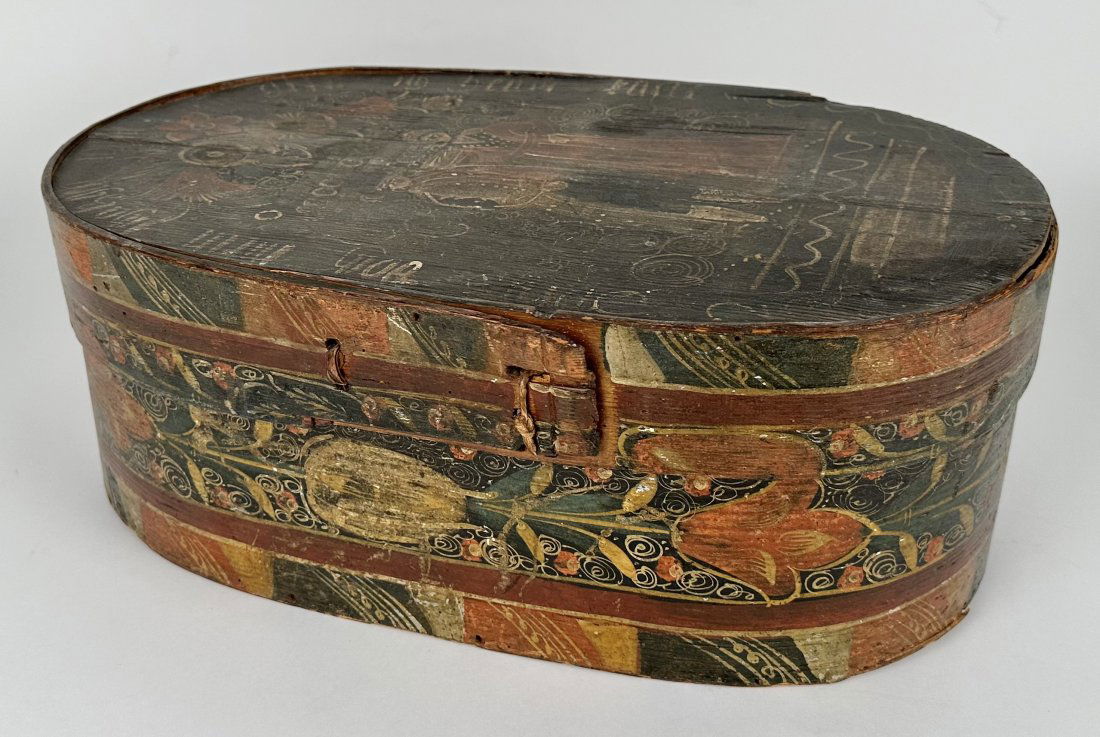 SCANDINAVIAN PAINTED WOODEN BRIDE'S BOX Early 20th Century Height 7.25". Length 19". Width 11.5". (1 of 1)