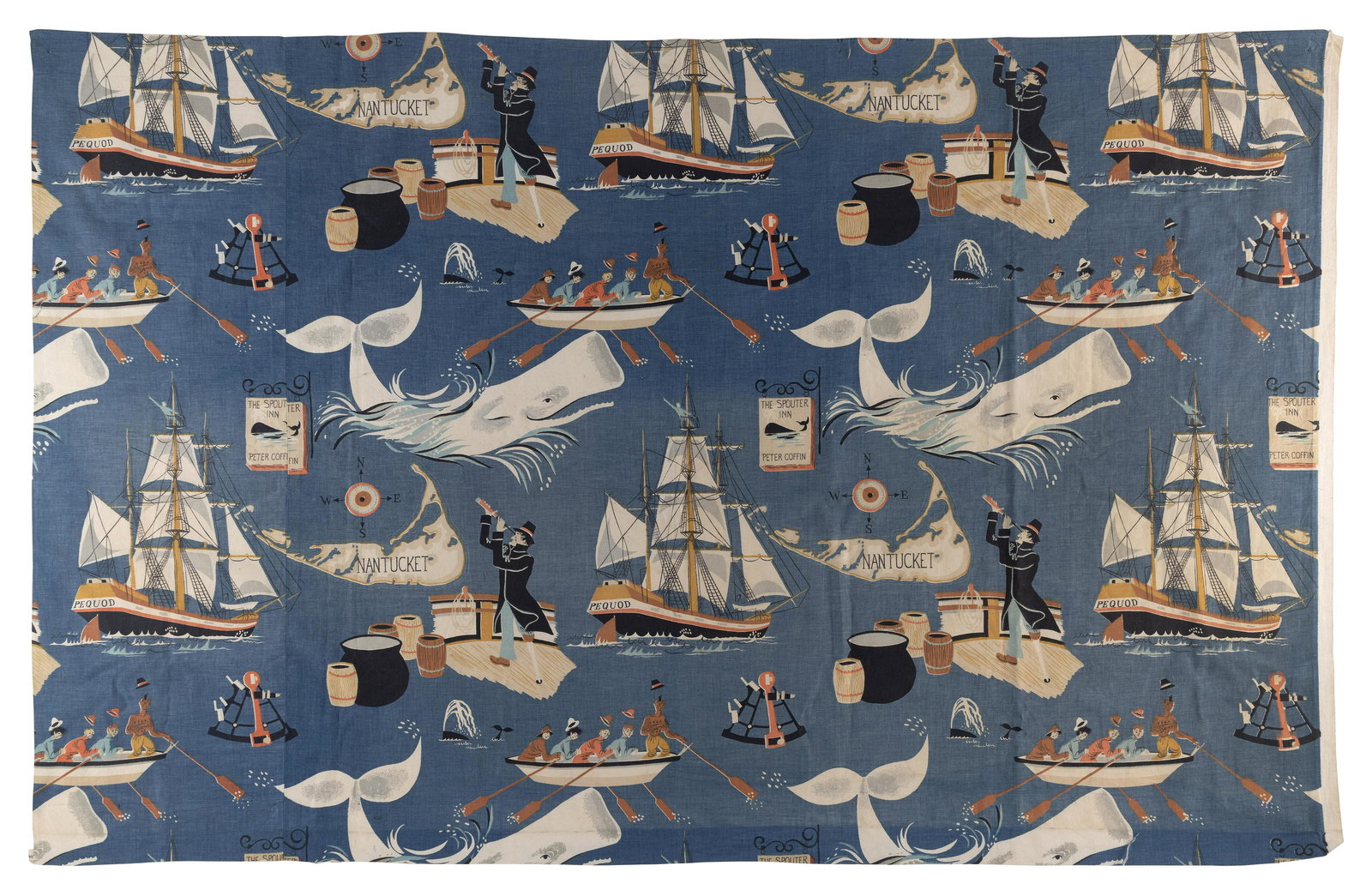 MOBY DICK FABRIC REMNANT Mid-20th Century Approx. 37.25" x 58" including selvage.: "MOBY DICK" FABRIC REMNANTMid-20th CenturyRepeating design with images of Nantucket island, the Pequod, the Great White Whale, crew in a whaleboat, Captain Ahab on deck, a sign for The Spout