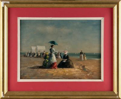 JEAN LEFORT (France, 1948-), Beach gathering., Oil on panel, 15.75" x 19.5". Framed 18" x 22".: JEAN LEFORTFrance, 1948-Beach gathering. Signed lower left "J. LeFort".Oil on panel, 15.75" x 19.5". Framed 18" x 22".