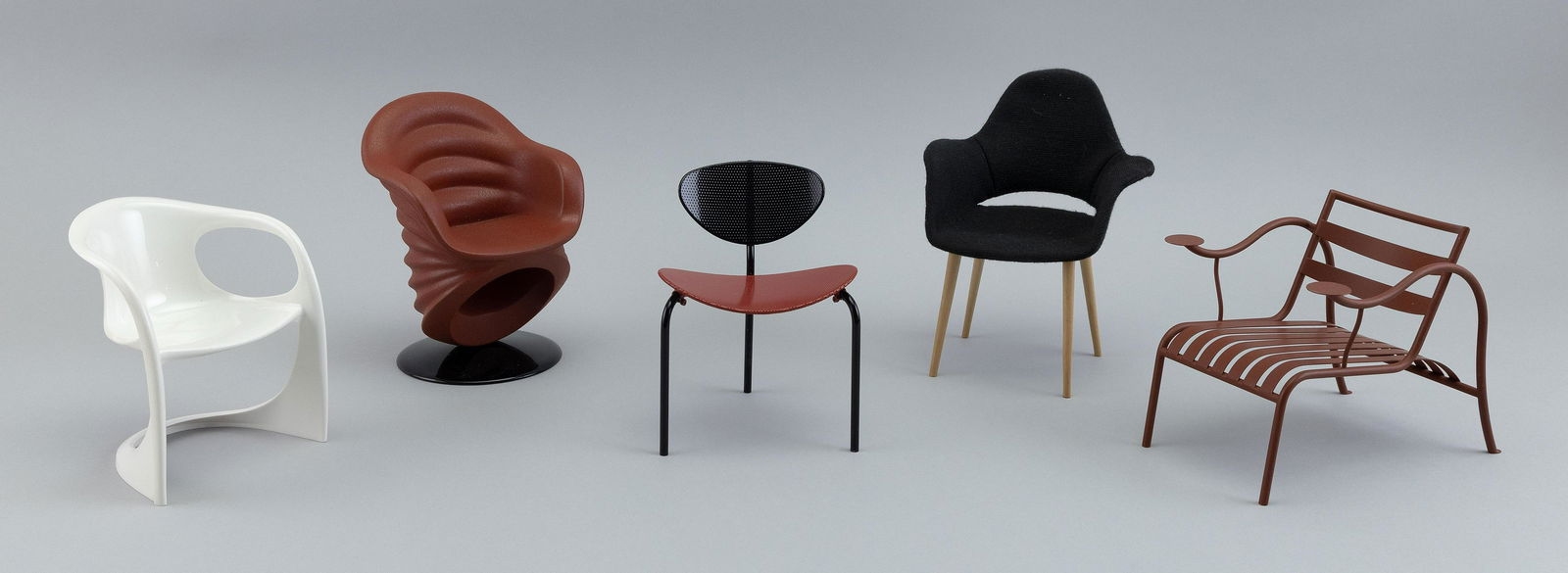 FIVE ASSORTED MINIATURE DESIGNER CHAIRS 20th/21st Century Heights from 4.25" to 5.5". (1 of 2)