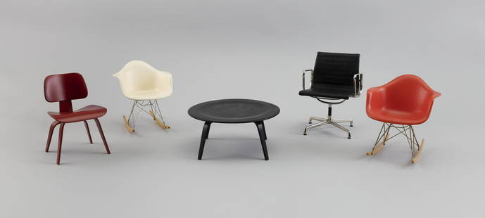 COLLECTION OF CHARLES AND RAY EAMES MINIATURE FURNITURE 20th Century Heights from 2.5" to 5.5".: COLLECTION OF CHARLES AND RAY EAMES MINIATURE FURNITURE20th Century1-2) Two DCW (1945), one in red aniline stain and one in white aniline stain. One includes original crate and brochure.3) RAR (1950),