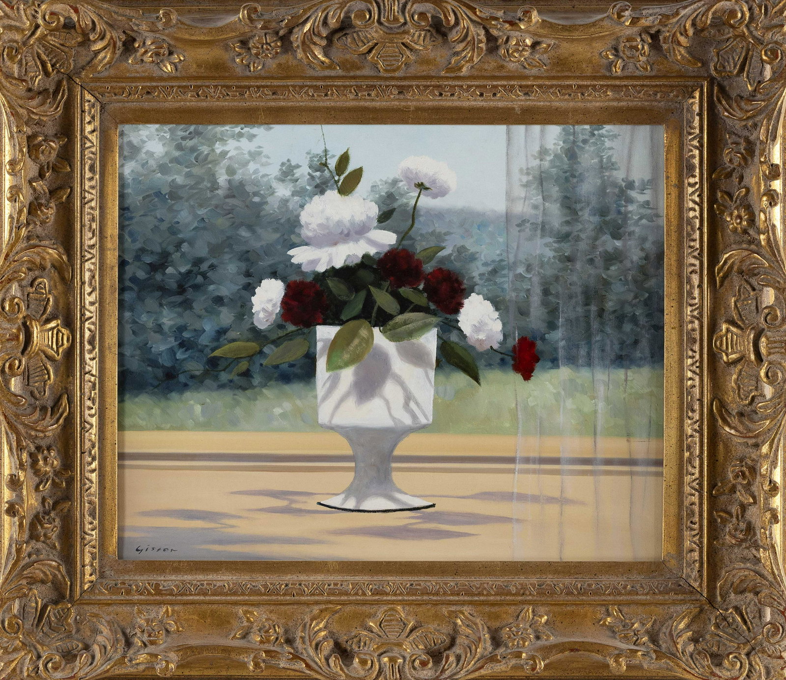 ANDRE (GITTELSON) GISSON (New York/Connecticut/France, 1921-2003), Urn of flowers on a windowsill: ANDRE (GITTELSON) GISSON New York/Connecticut/France, 1921-2003 Urn of flowers on a windowsill looking out toward a lush landscape. Signed lower left "Gisson". Oil on canvas, 15.5î x 19
