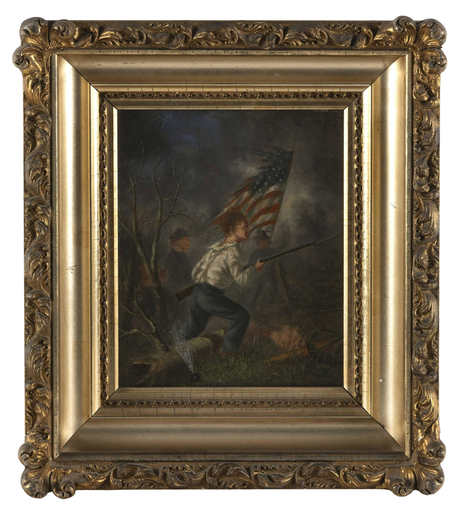 AMERICAN SCHOOL (19th Century,), Civil War battle scene., Oil on canvas, 10" x 8". Framed 16" x 14". (1 of 2)