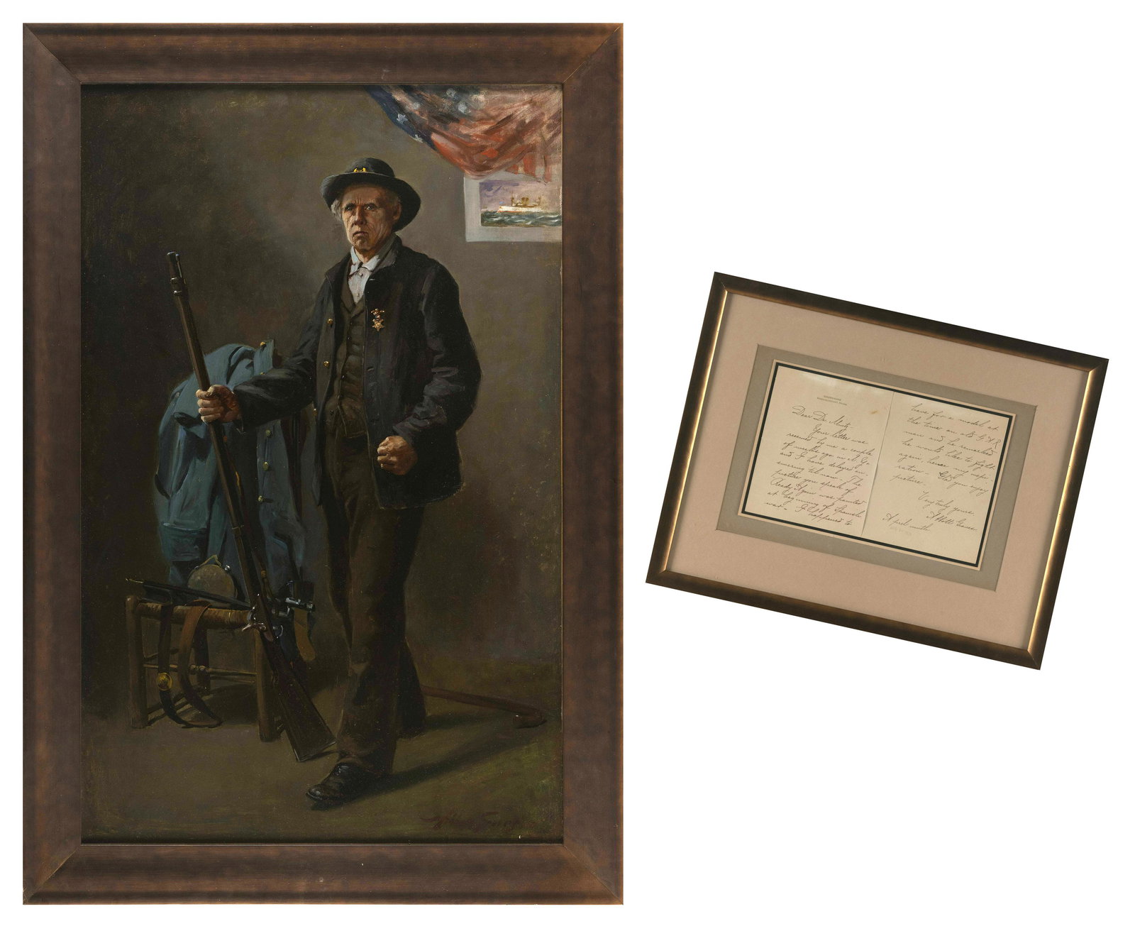 ABBOTT FULLER GRAVES (Massachusetts/Maine, 1859-1936), "Ready Again"., Oil on canvas, 34" x 21".: ABBOTT FULLER GRAVESMassachusetts/Maine, 1859-1936"Ready Again". Signed lower right "Abbott Graves". Accompanied by a framed letter on Shorehome, Kennebunkport, Maine letterhead st