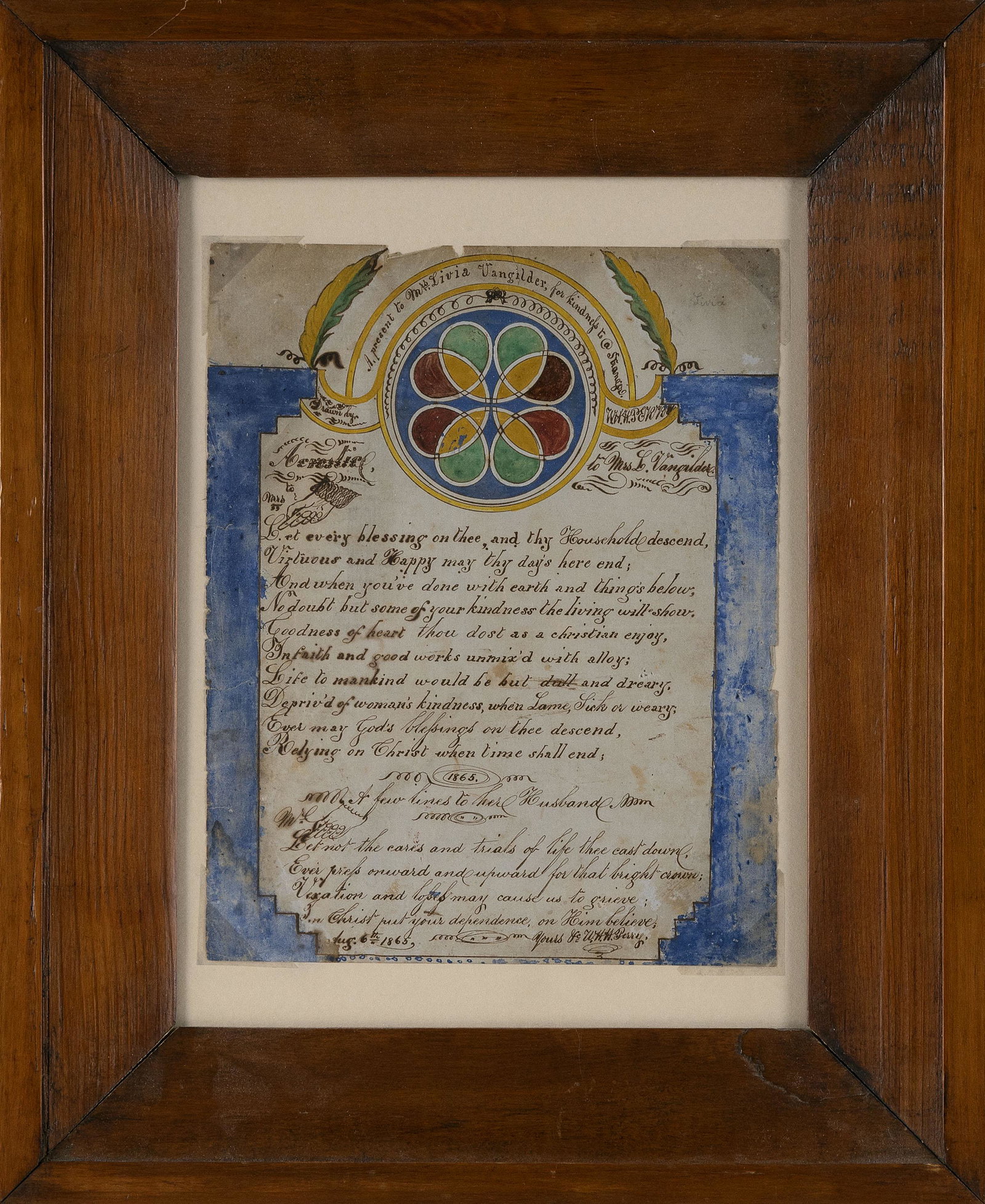 PENNSYLVANIA ILLUMINATED BLESSING August 6, 1865 10î x 7.75î. Framed 16.5î x: PENNSYLVANIA ILLUMINATED BLESSING August 6, 1865 Drawn by W.H.H. Perry and signed twice. Inscribed ìA present to Mrs. Livia Vangilder for kindness to a stranger.". Blue, yellow, green and re